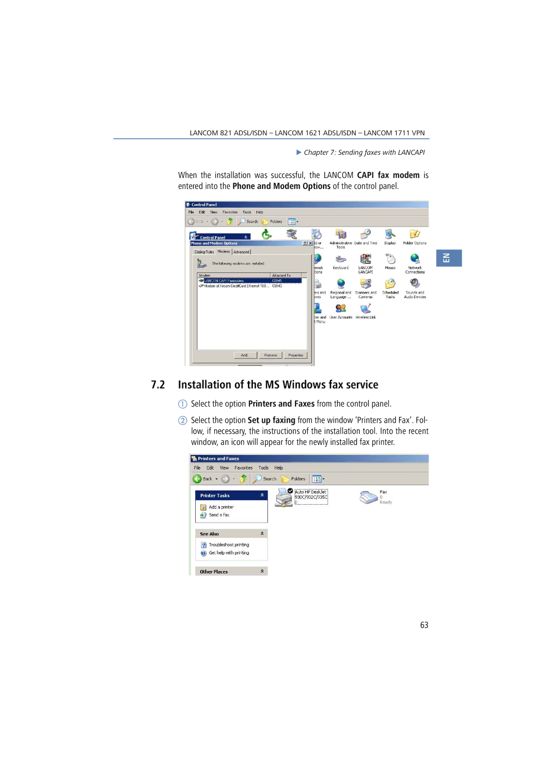 Lancom Systems 821 Installation of the MS Windows fax service, Select the option Printers and Faxes from the control panel 