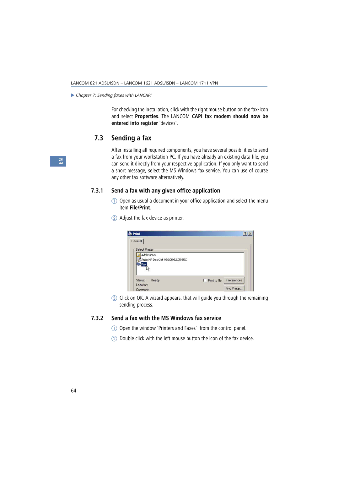 Lancom Systems 1711, 821, 1621 manual Sending a fax, Send a fax with any given office application 