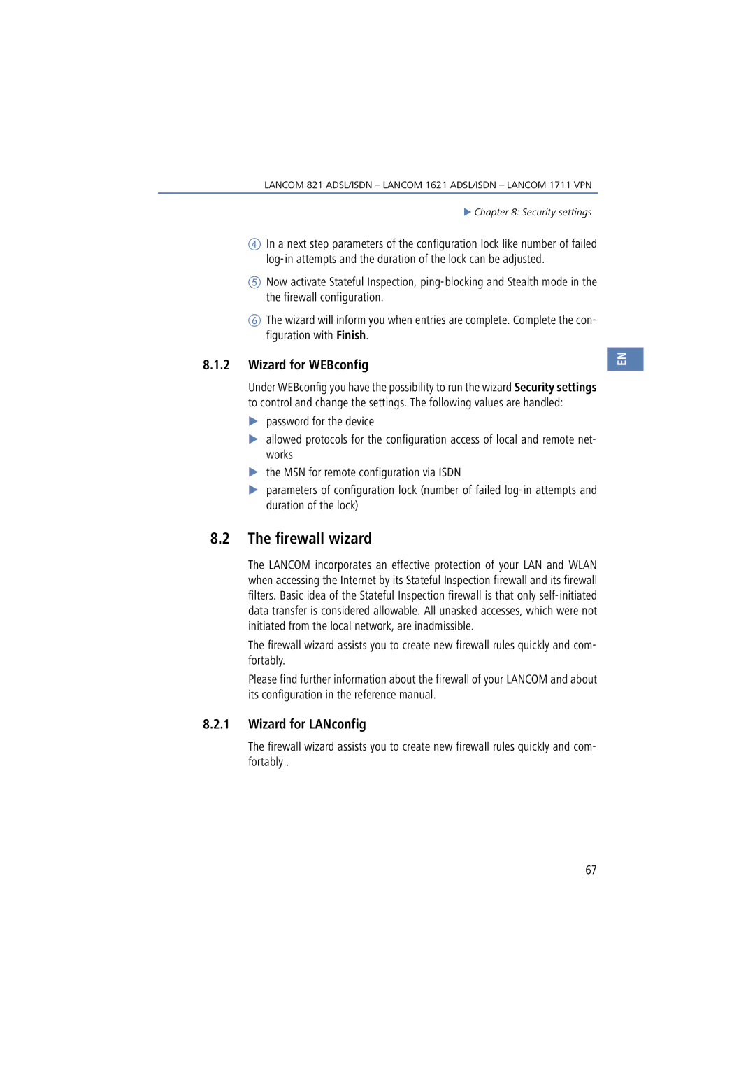 Lancom Systems 1711, 821, 1621 manual Firewall wizard, Wizard for WEBconfig 