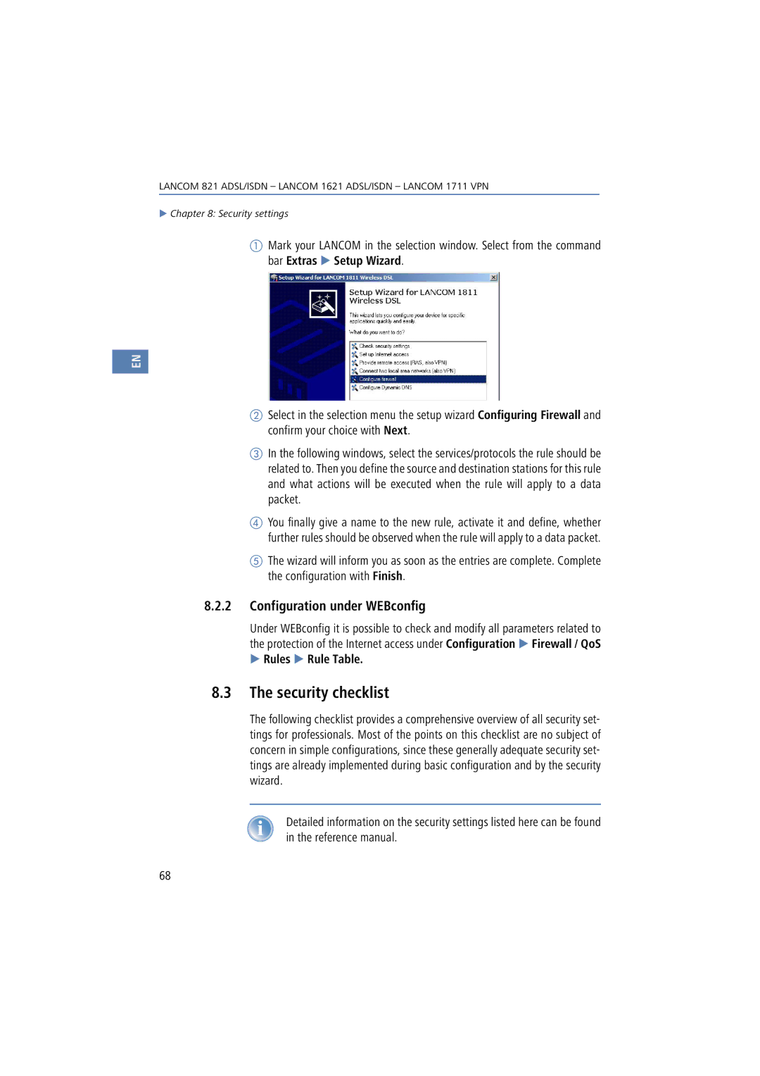 Lancom Systems 1621, 821, 1711 manual Security checklist, Configuration under WEBconfig, Rules 