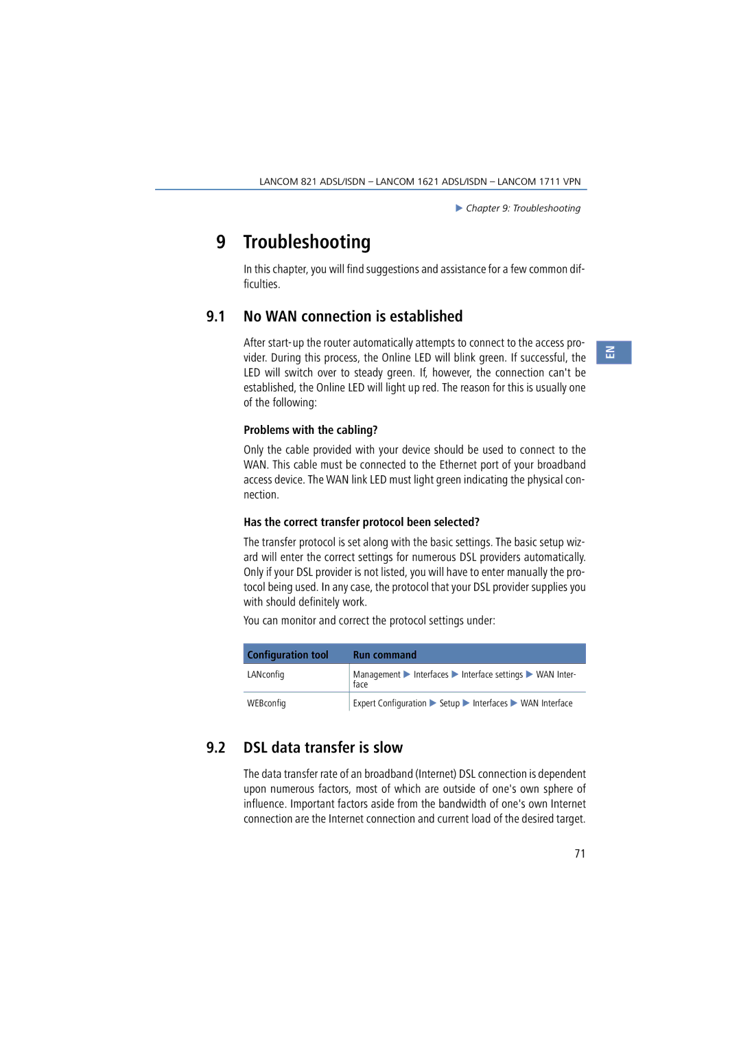 Lancom Systems 1621, 821, 1711 manual Troubleshooting, No WAN connection is established, DSL data transfer is slow 