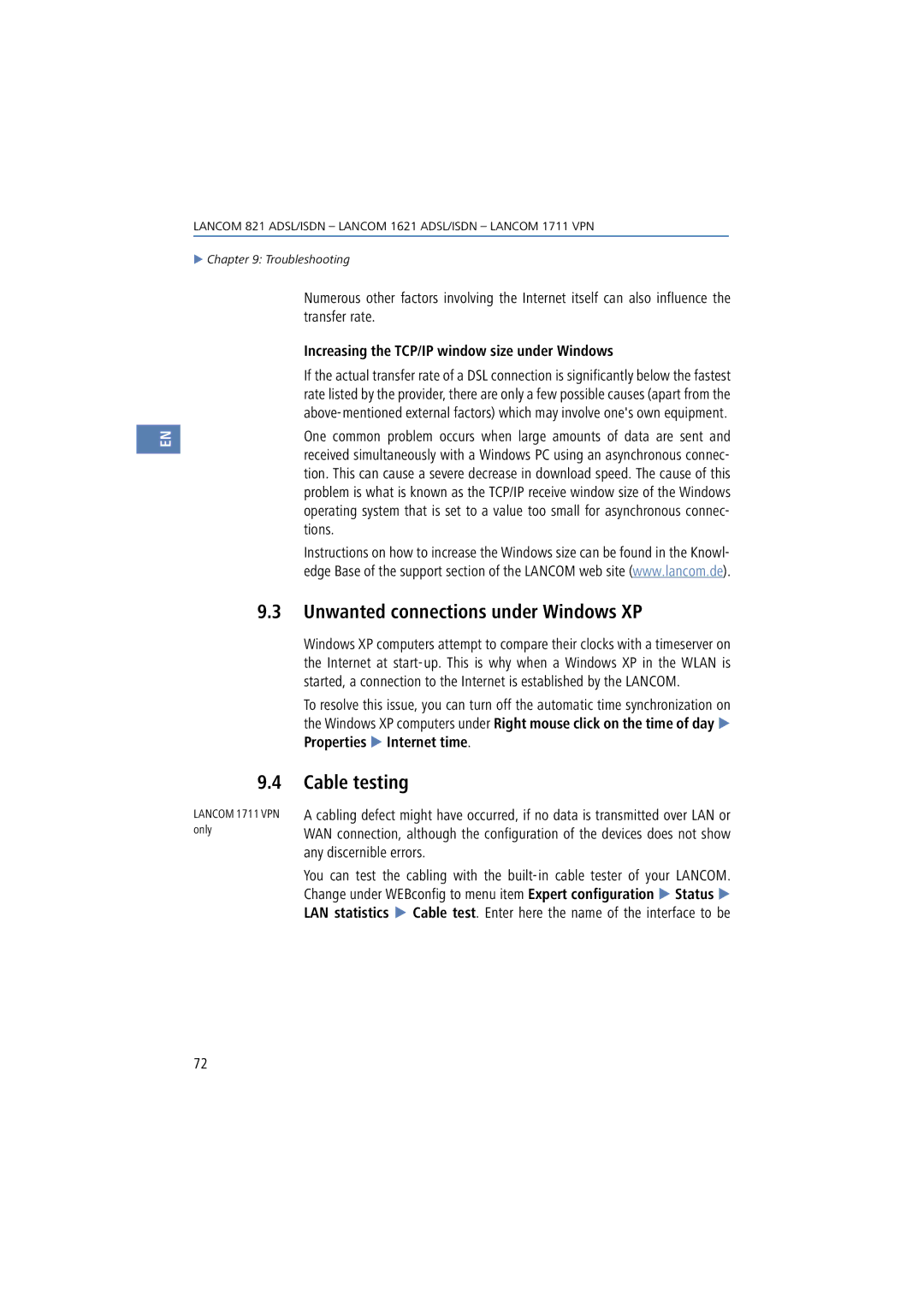 Lancom Systems 821 Unwanted connections under Windows XP, Cable testing, Increasing the TCP/IP window size under Windows 