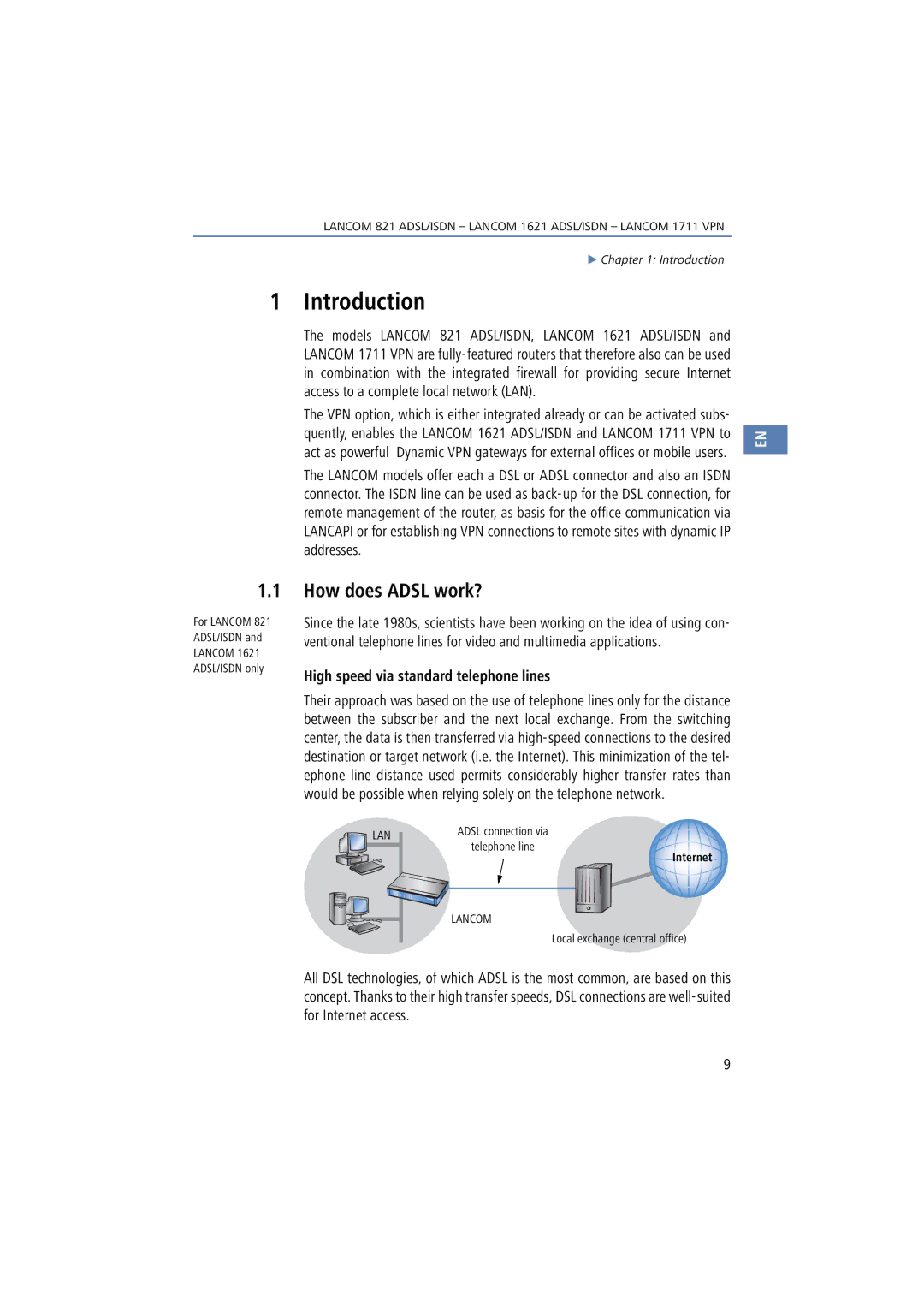 Lancom Systems 821, 1711, 1621 manual Introduction, How does Adsl work?, Access to a complete local network LAN, Addresses 