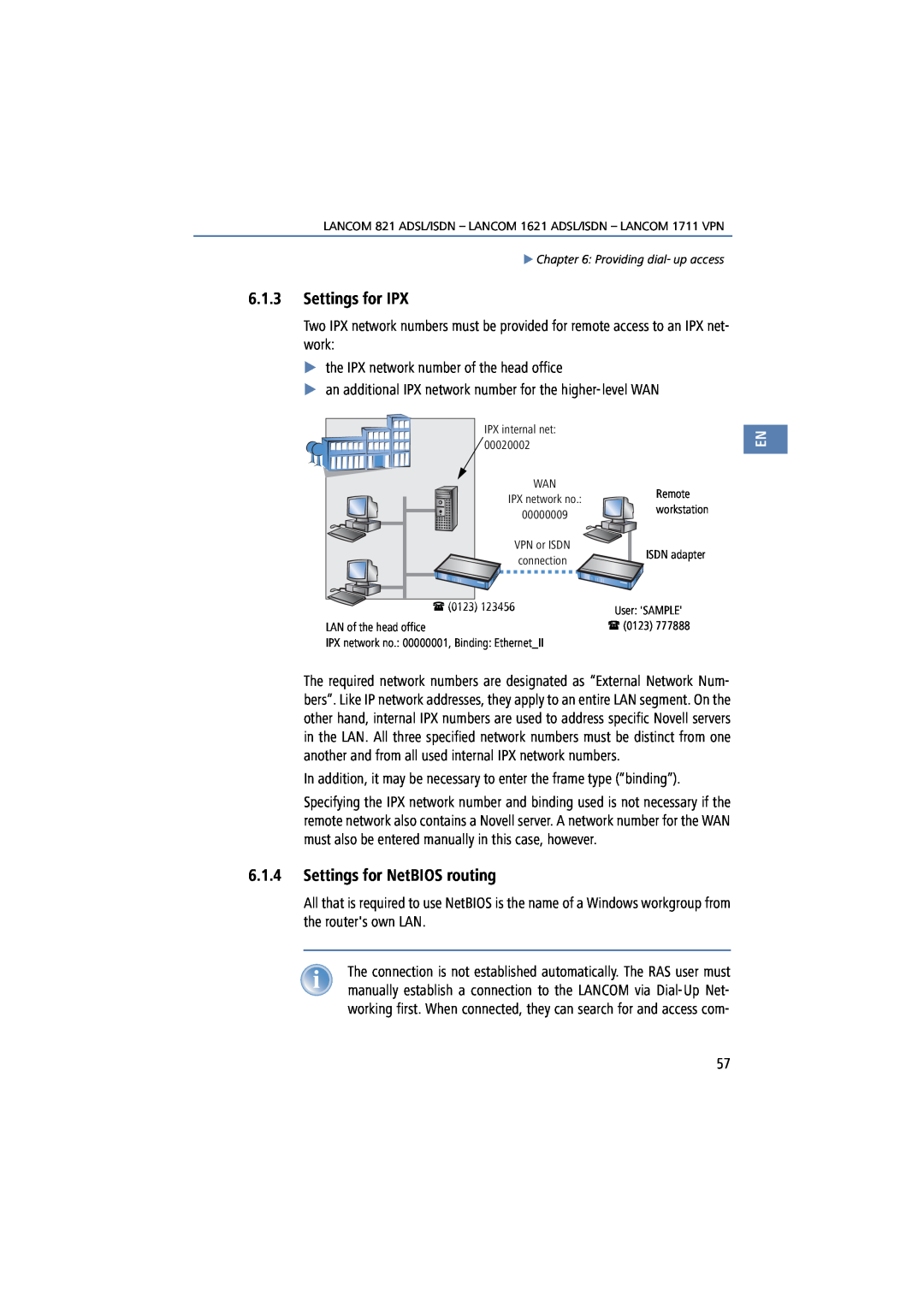 Lancom Systems 821, 1711, 1621 manual Settings for IPX, Settings for NetBIOS routing, User SAMPLE 