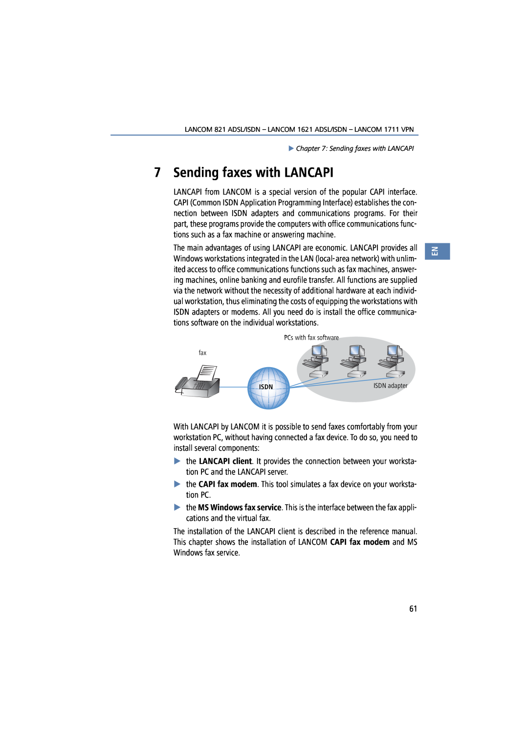 Lancom Systems 1711, 821, 1621 manual Sending faxes with LANCAPI, Isdn 