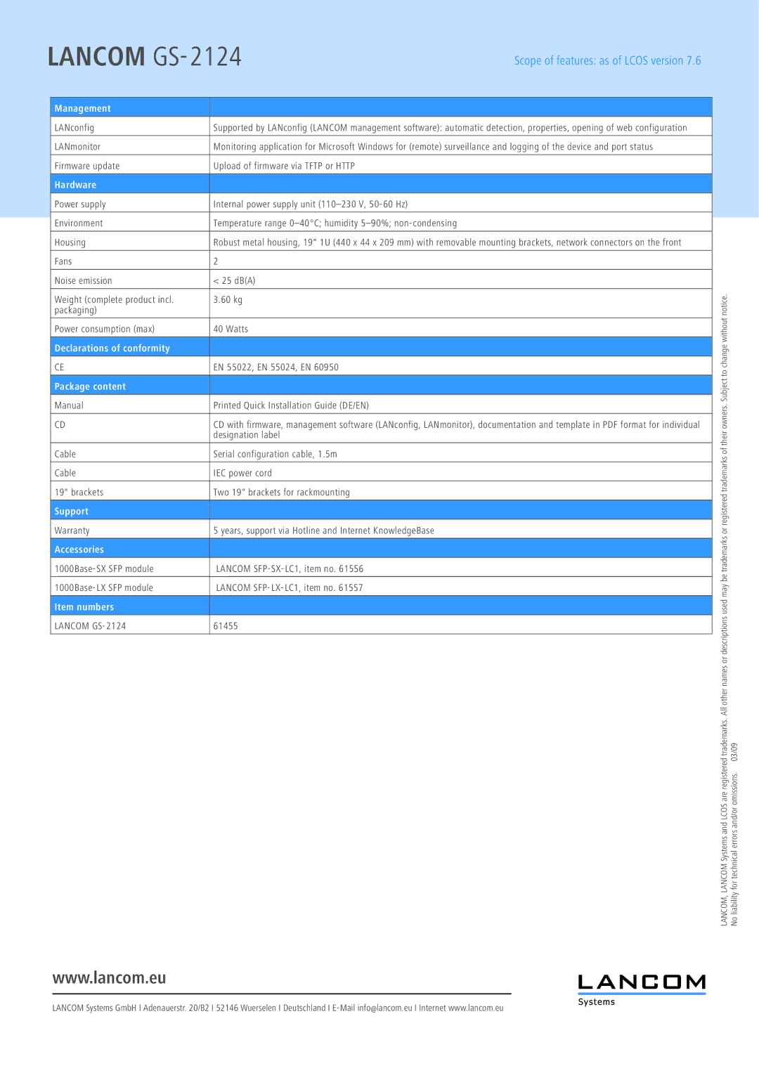 Lancom Systems GS-2124 warranty Hardware, Declarations of conformity, Package content, Support, Accessories, Item numbers 