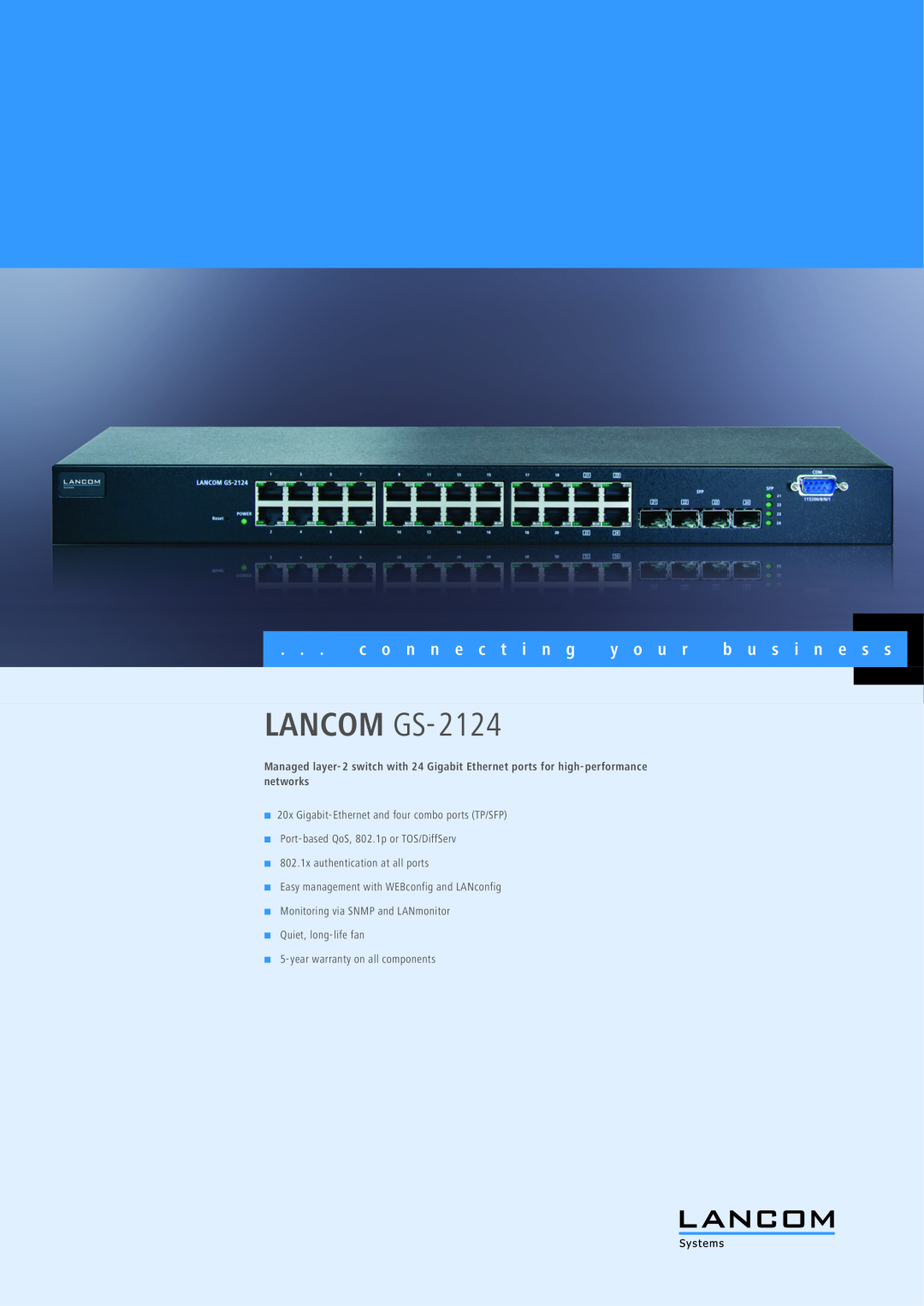 Lancom Systems warranty LANCOM GS-2124, c o n n e c t i n g, y o u r, b u s i n e, 802.1x authentication at all ports 