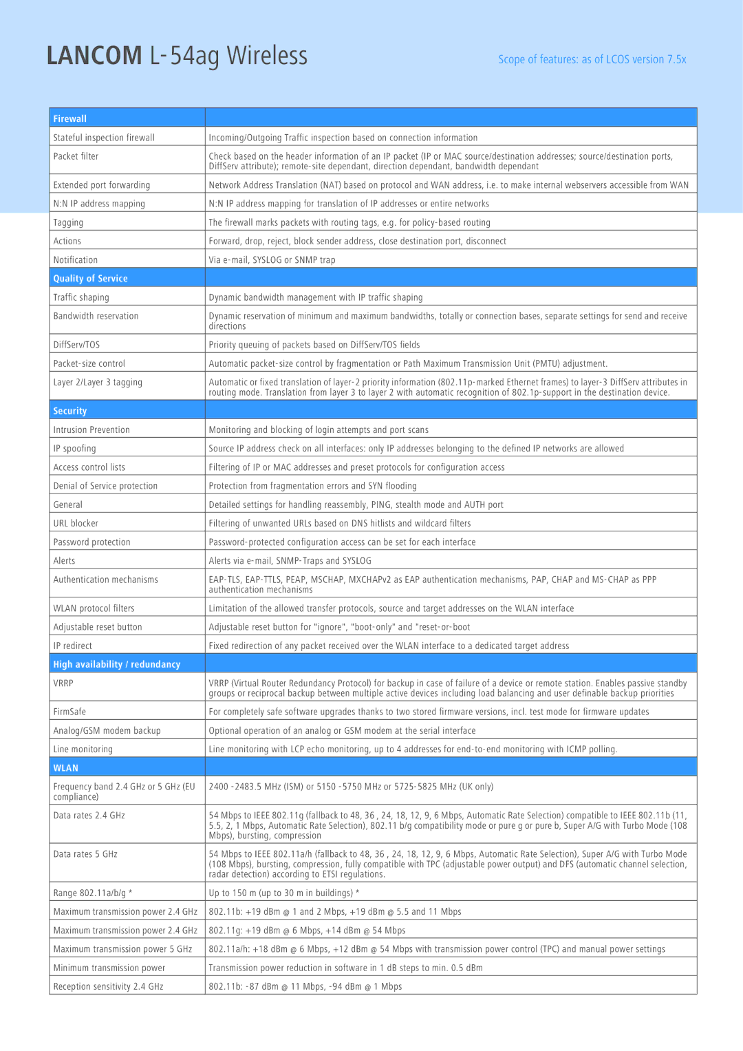 Lancom Systems L-54AG manual Firewall, Quality of Service, Security, High availability / redundancy, Vrrp 