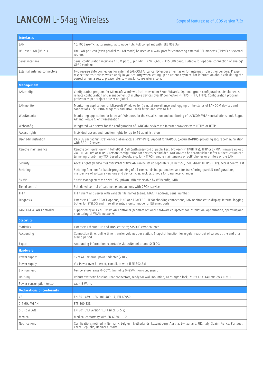 Lancom Systems L-54AG manual Interfaces, Management, Statistics, Hardware, Declarations of conformity 