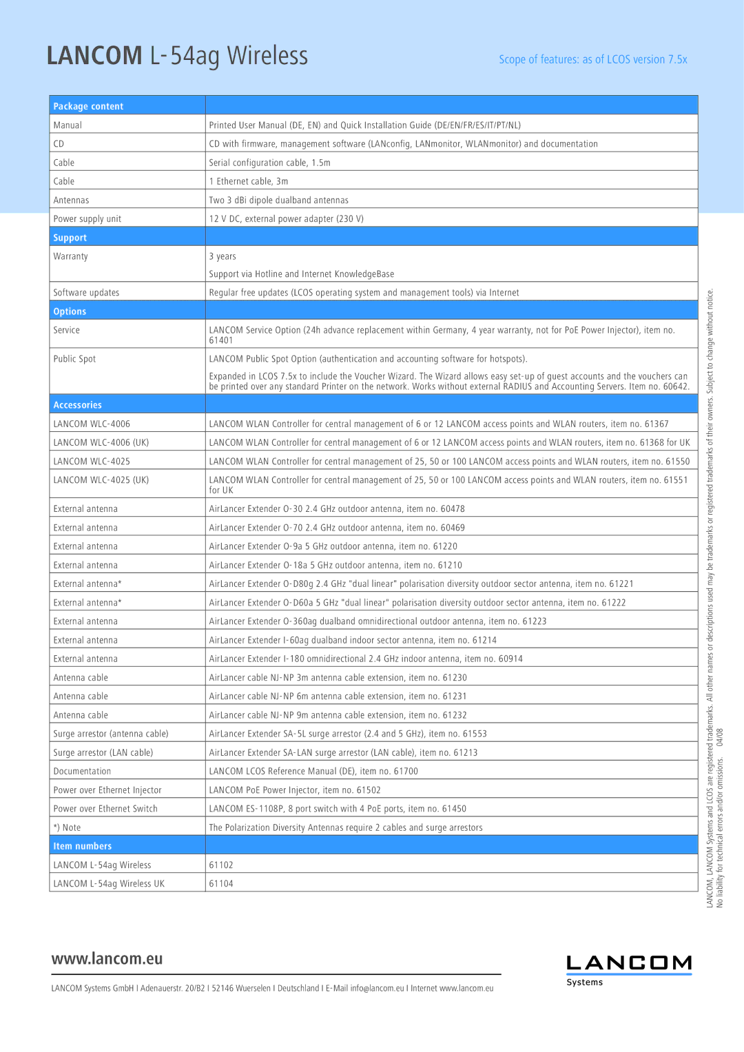 Lancom Systems L-54AG manual Package content, Support, Options, Accessories, Item numbers 