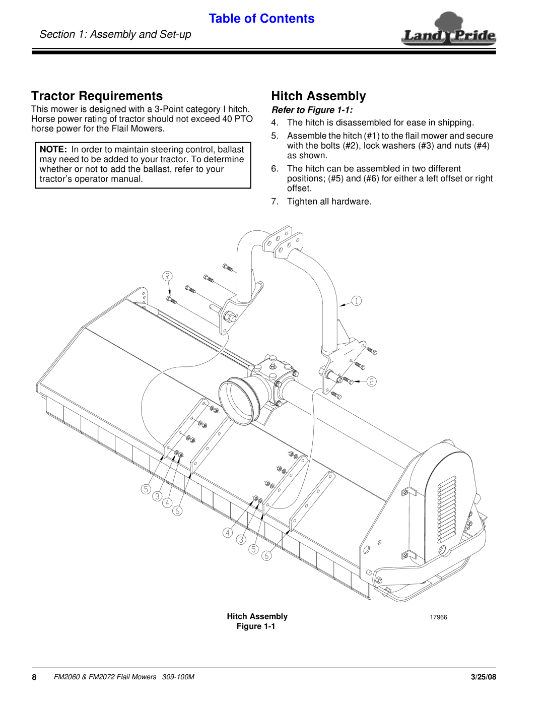 Land Pride 309-100M manual Tractor Requirements, Hitch Assembly 