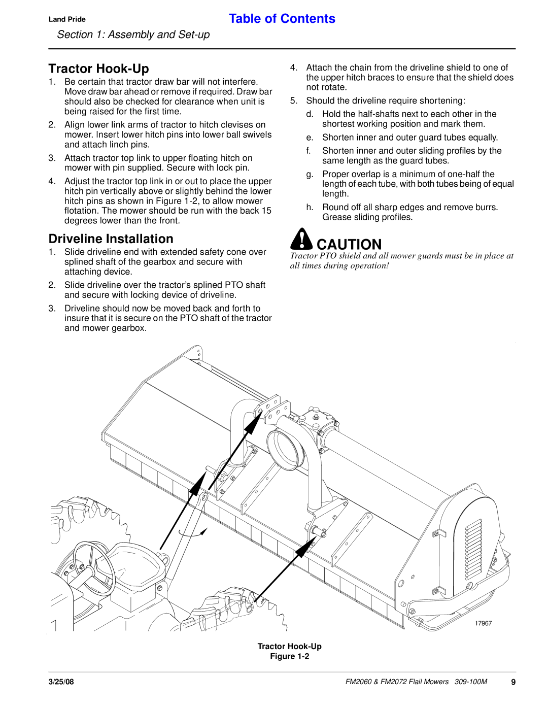 Land Pride 309-100M manual Tractor Hook-Up, Driveline Installation 