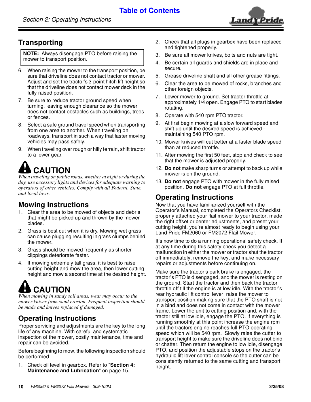 Land Pride 309-100M manual Transporting, Mowing Instructions, Operating Instructions 