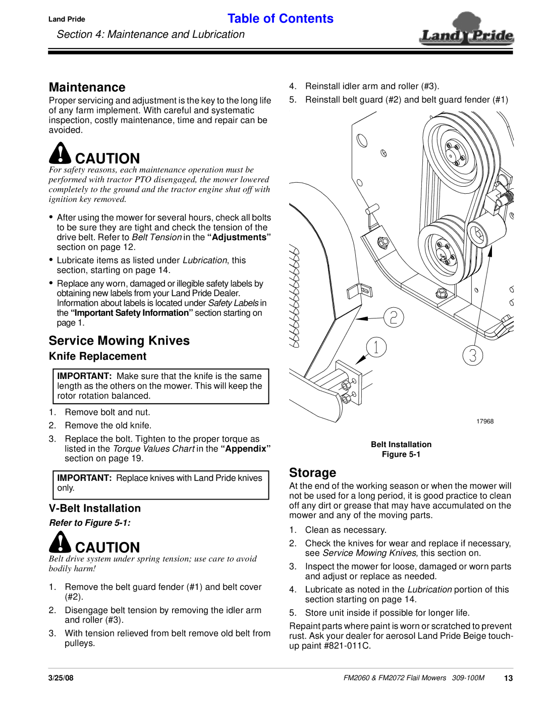 Land Pride 309-100M manual Maintenance, Service Mowing Knives, Storage, Knife Replacement, Belt Installation 