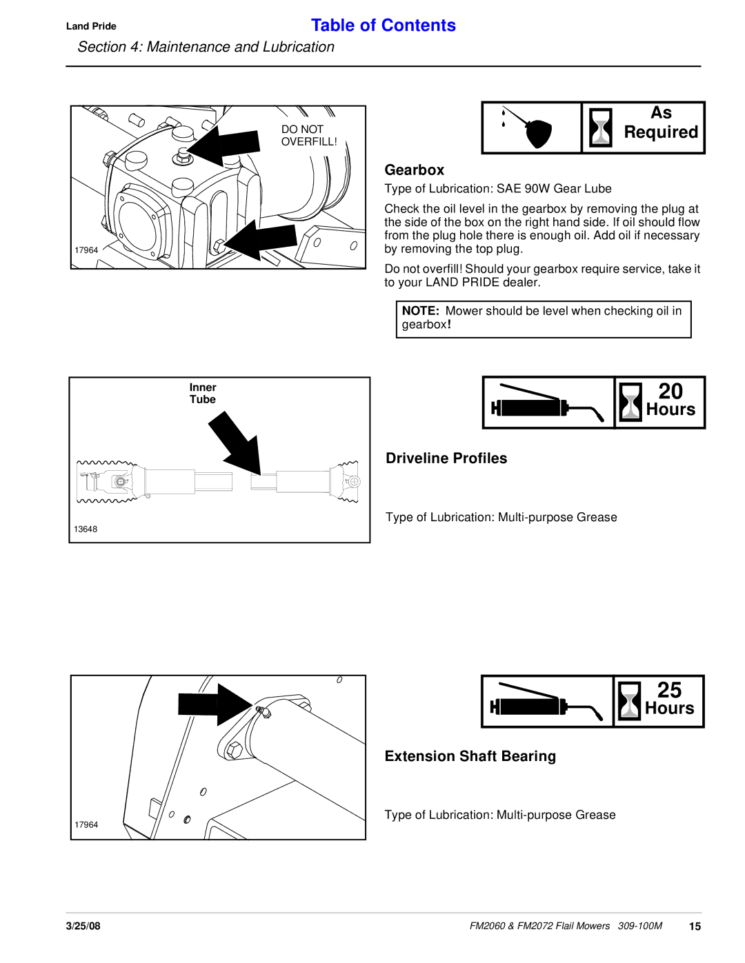 Land Pride 309-100M manual Required, Gearbox, Driveline Profiles, Extension Shaft Bearing 