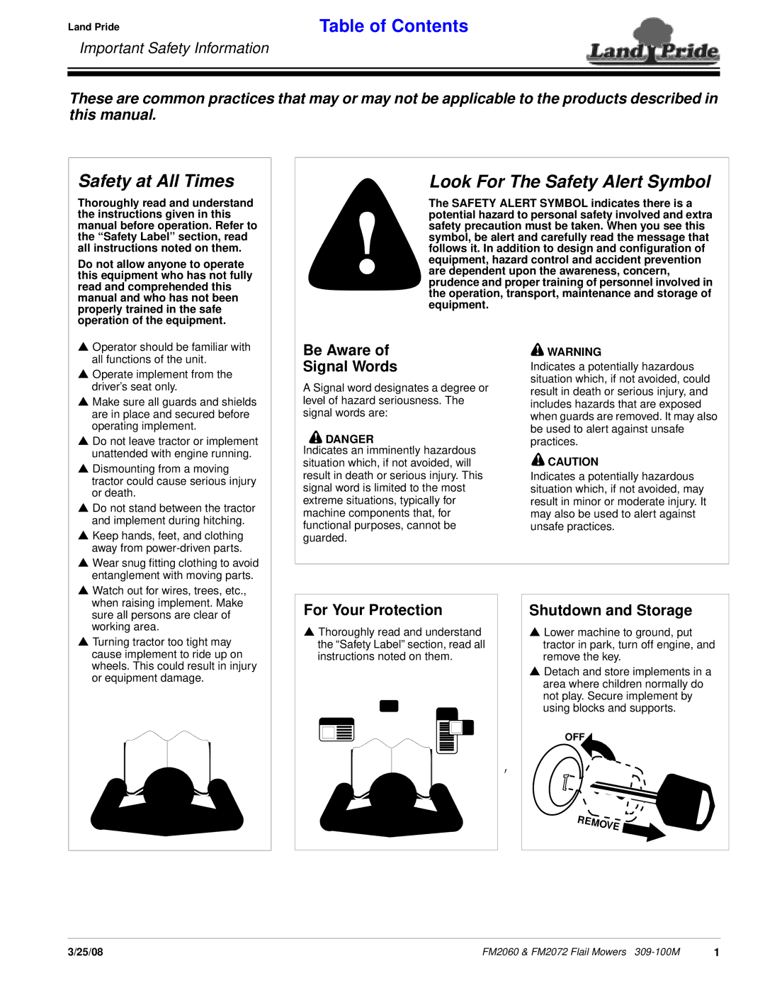 Land Pride 309-100M manual Be Aware Signal Words, For Your Protection, Shutdown and Storage 