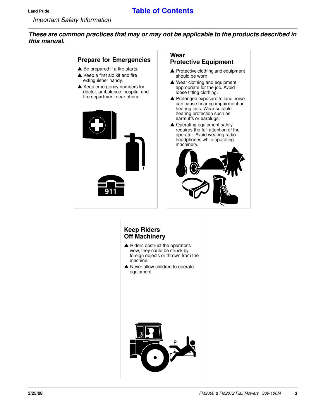 Land Pride 309-100M manual Prepare for Emergencies, Wear Protective Equipment, Keep Riders Off Machinery 