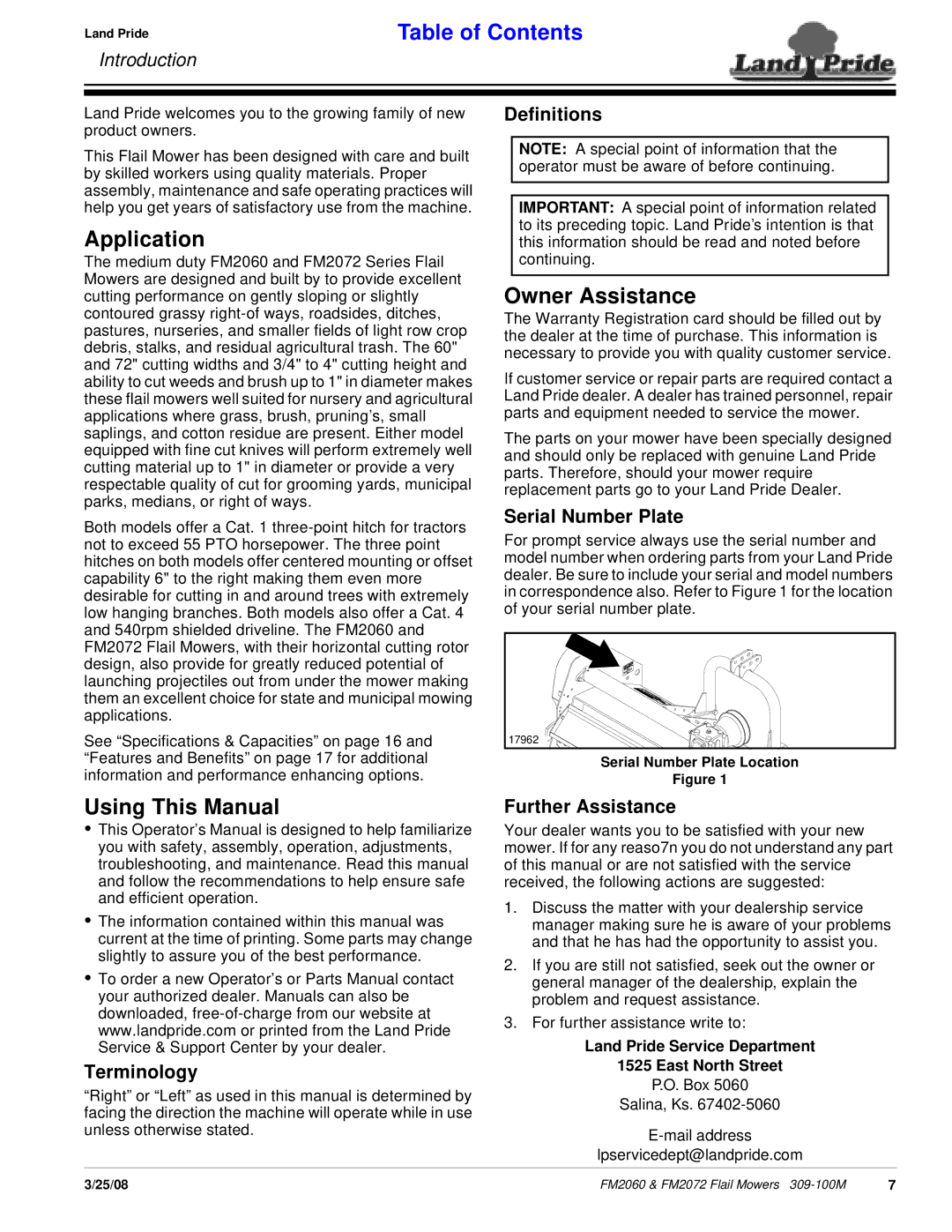 Land Pride 309-100M manual Application, Using This Manual, Owner Assistance 