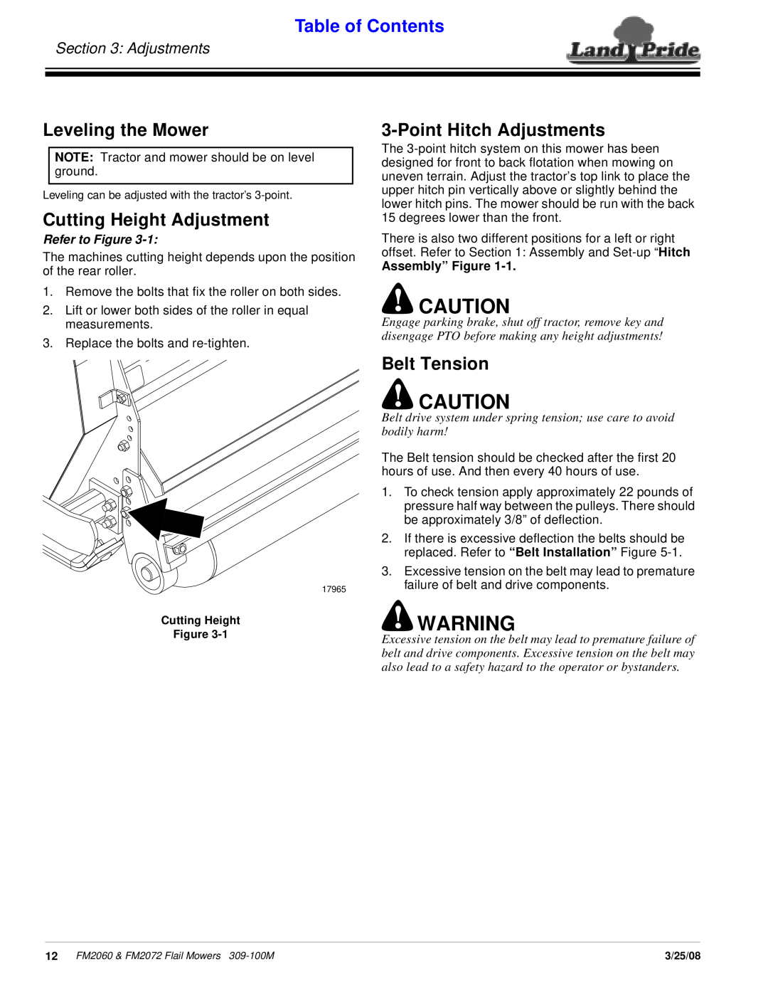 Land Pride 309-100M Leveling the Mower, Cutting Height Adjustment, PointHitch Adjustments, Belt Tension, Table of Contents 