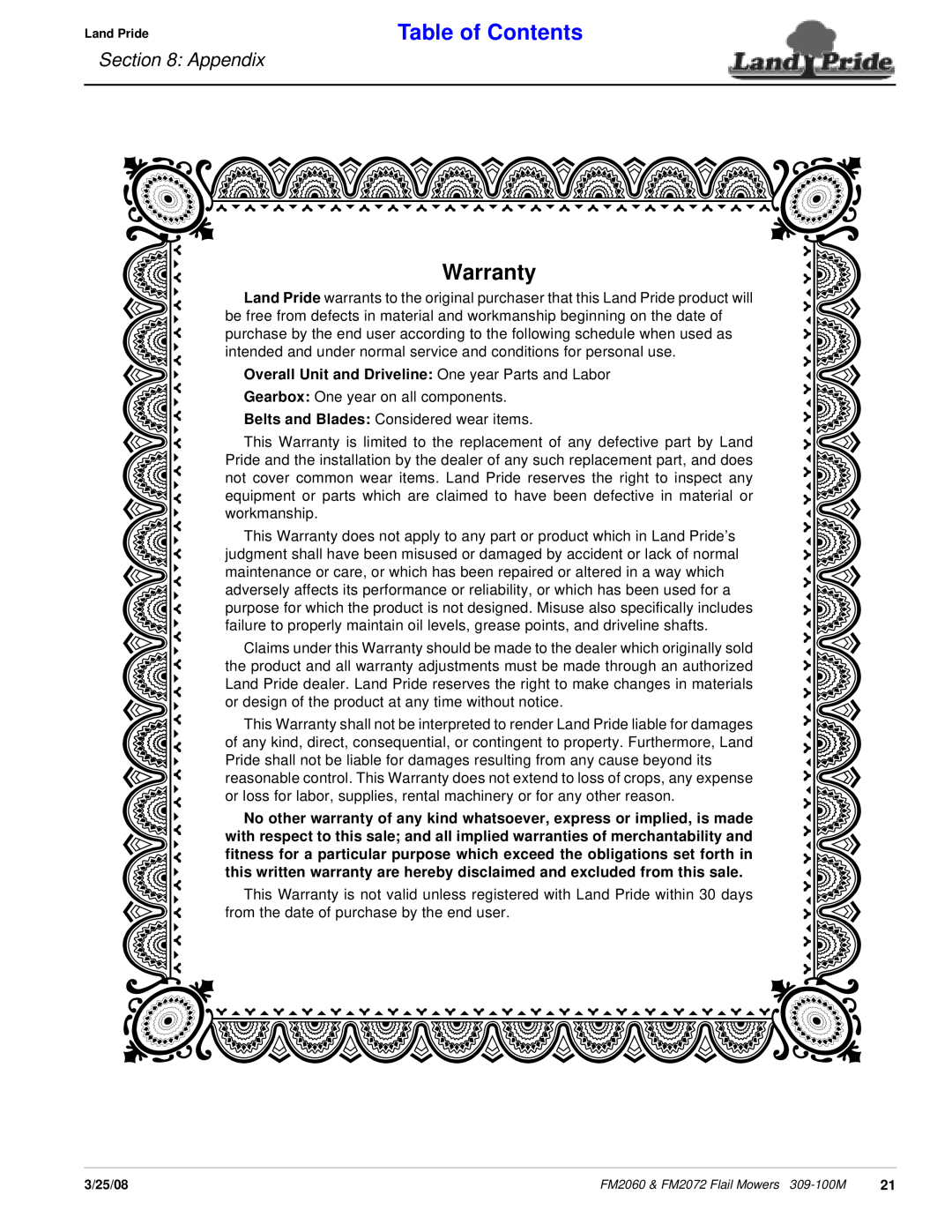 Land Pride 309-100M manual Warranty, Table of Contents, Appendix 
