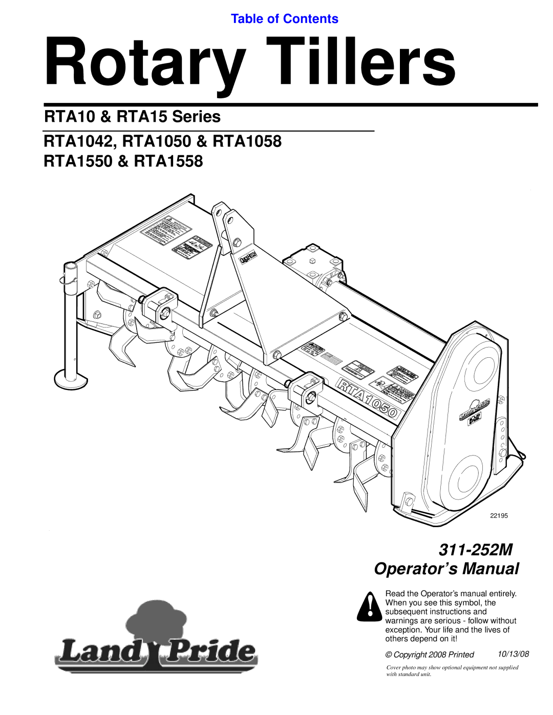 Land Pride 311-252M manual Rotary Tillers 