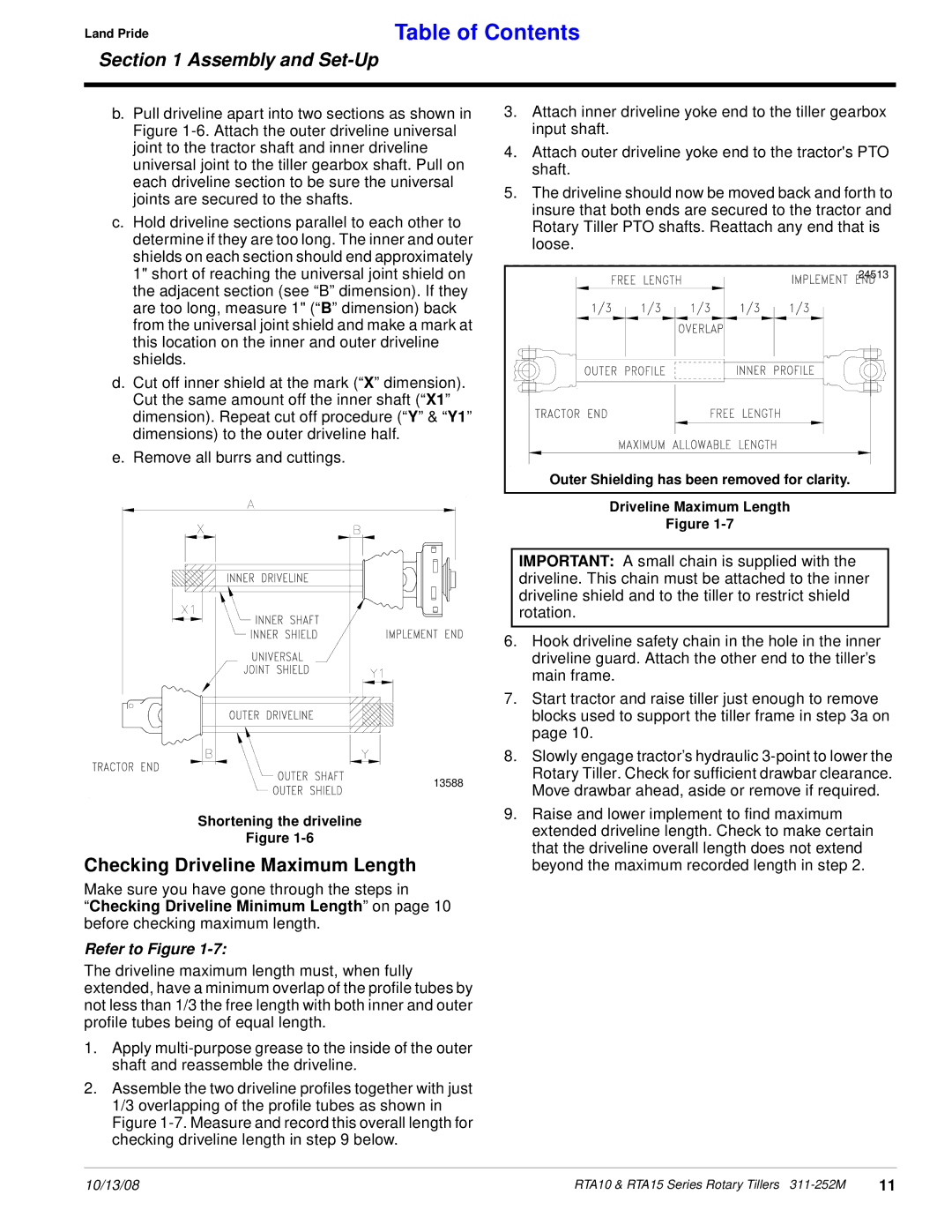 Land Pride 311-252M manual Checking Driveline Maximum Length 