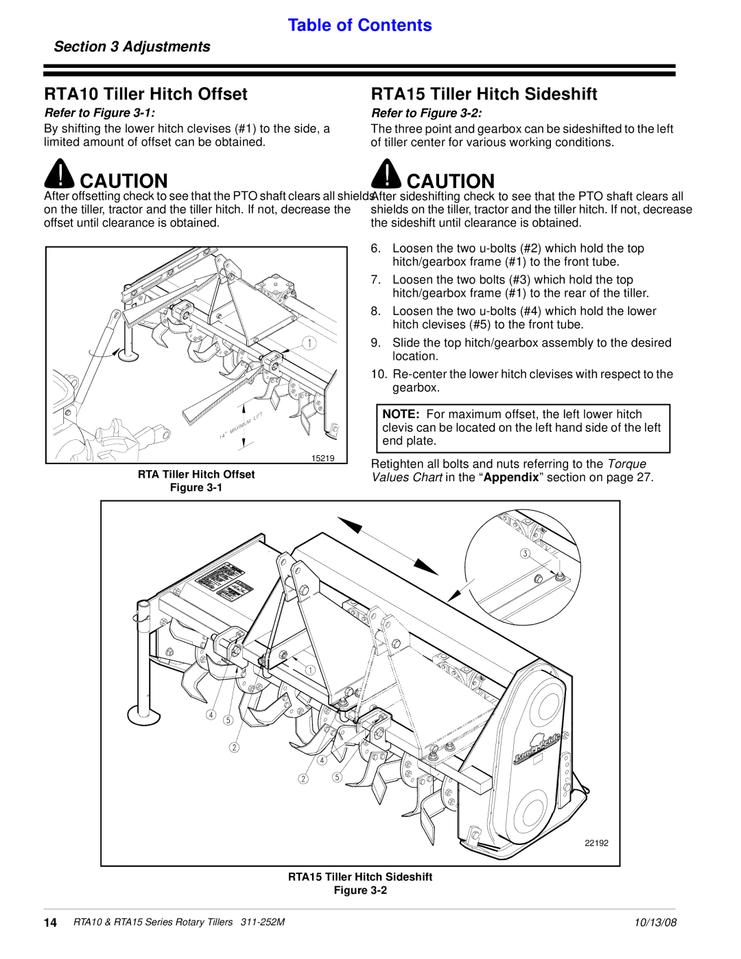 Land Pride 311-252M manual RTA10 Tiller Hitch Offset, RTA15 Tiller Hitch Sideshift, Adjustments 