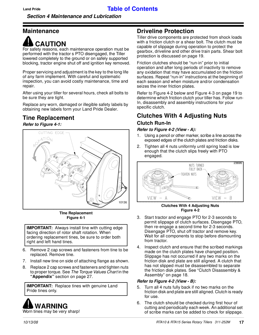Land Pride 311-252M manual Maintenance, Driveline Protection, Tine Replacement, Clutches With 4 Adjusting Nuts 