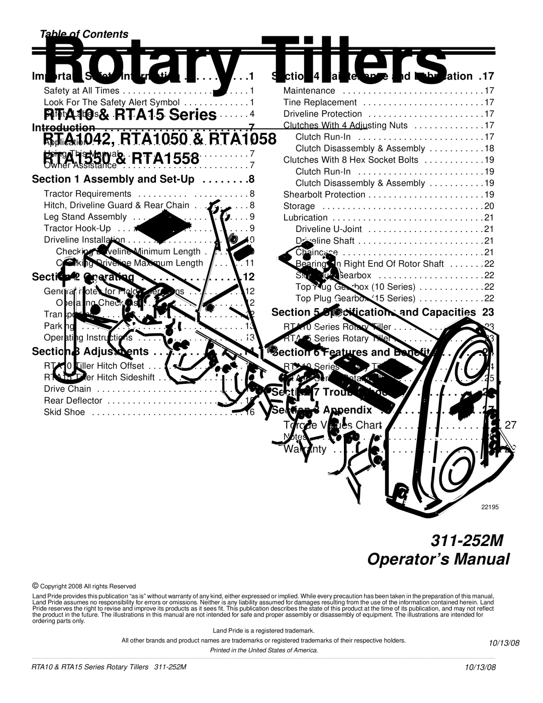 Land Pride 311-252M manual Table of Contents 