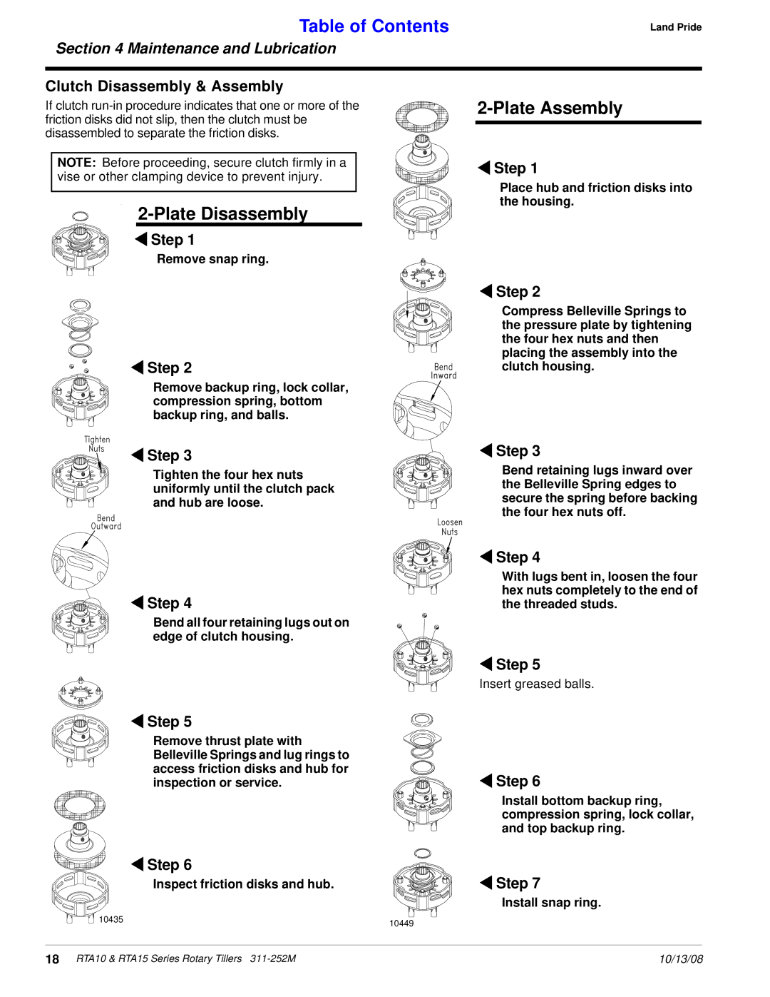 Land Pride 311-252M manual Plate Disassembly, Plate Assembly, Clutch Disassembly & Assembly, Step 