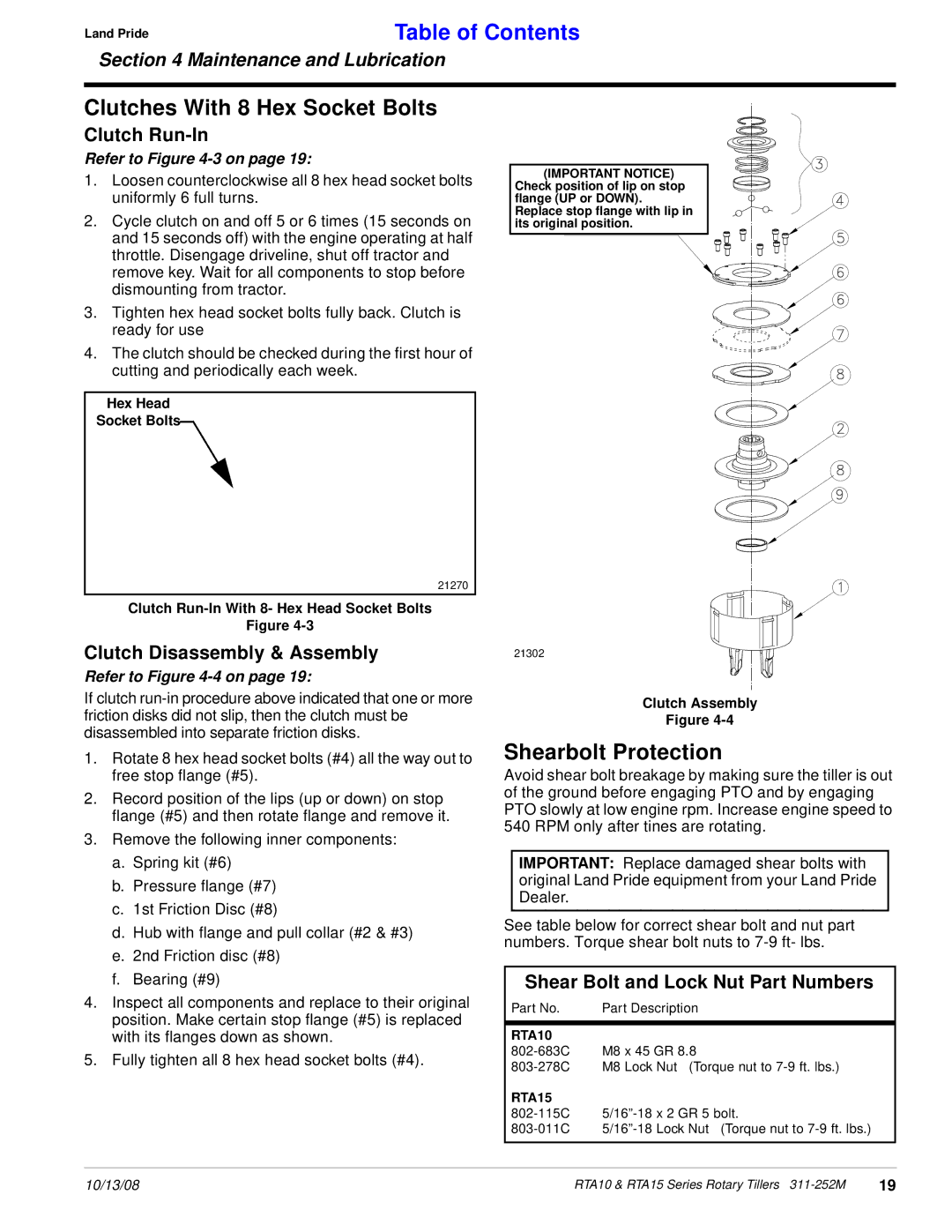 Land Pride 311-252M manual Clutches With 8 Hex Socket Bolts, Shearbolt Protection, Shear Bolt and Lock Nut Part Numbers 