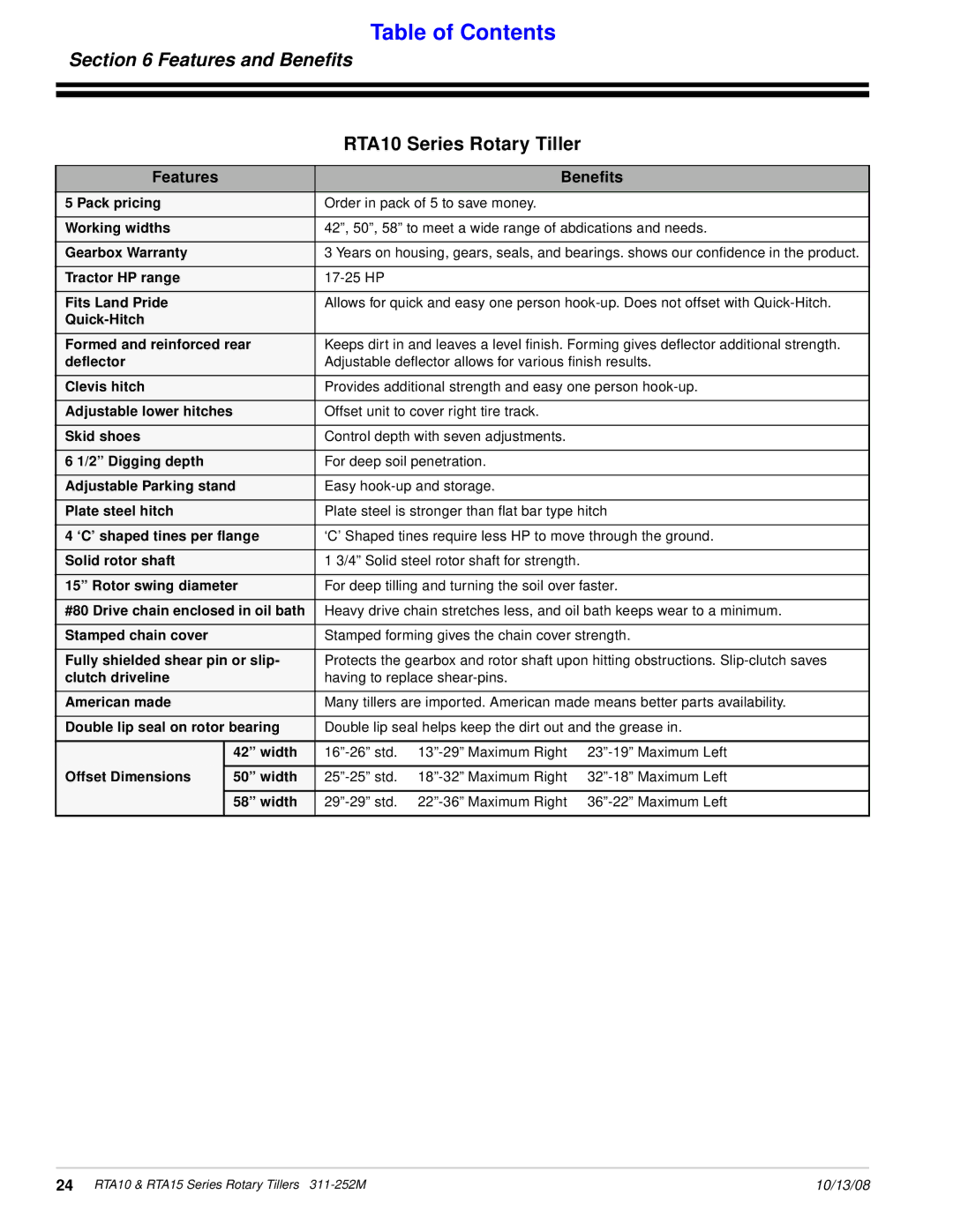 Land Pride 311-252M manual Features and Beneﬁts, Features Benefits 