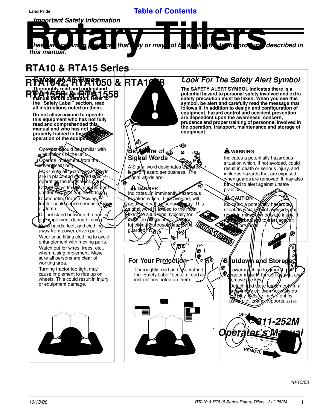 Land Pride 311-252M manual Safety at All Times 