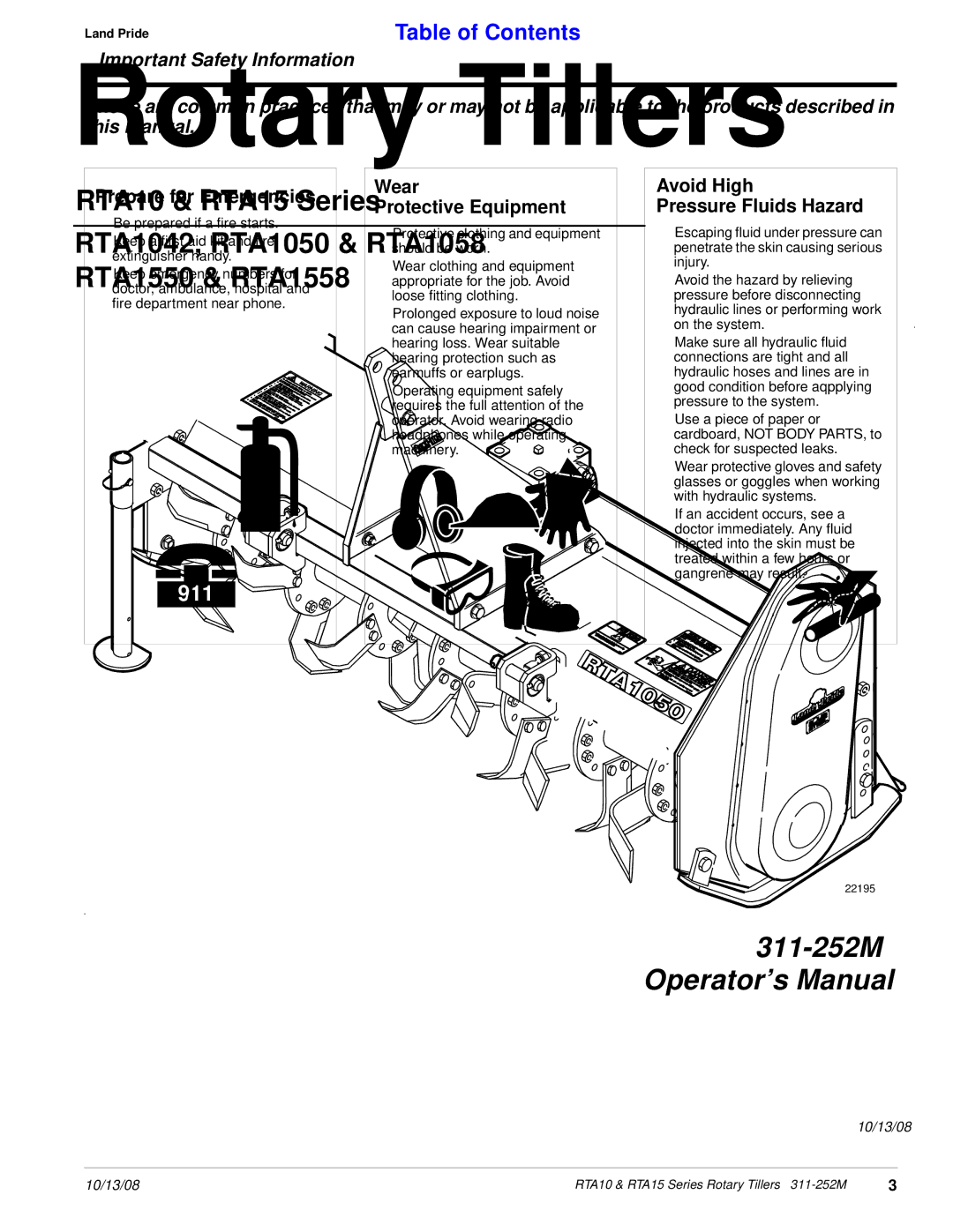 Land Pride 311-252M manual Prepare for Emergencies, Wear Protective Equipment, Avoid High Pressure Fluids Hazard 
