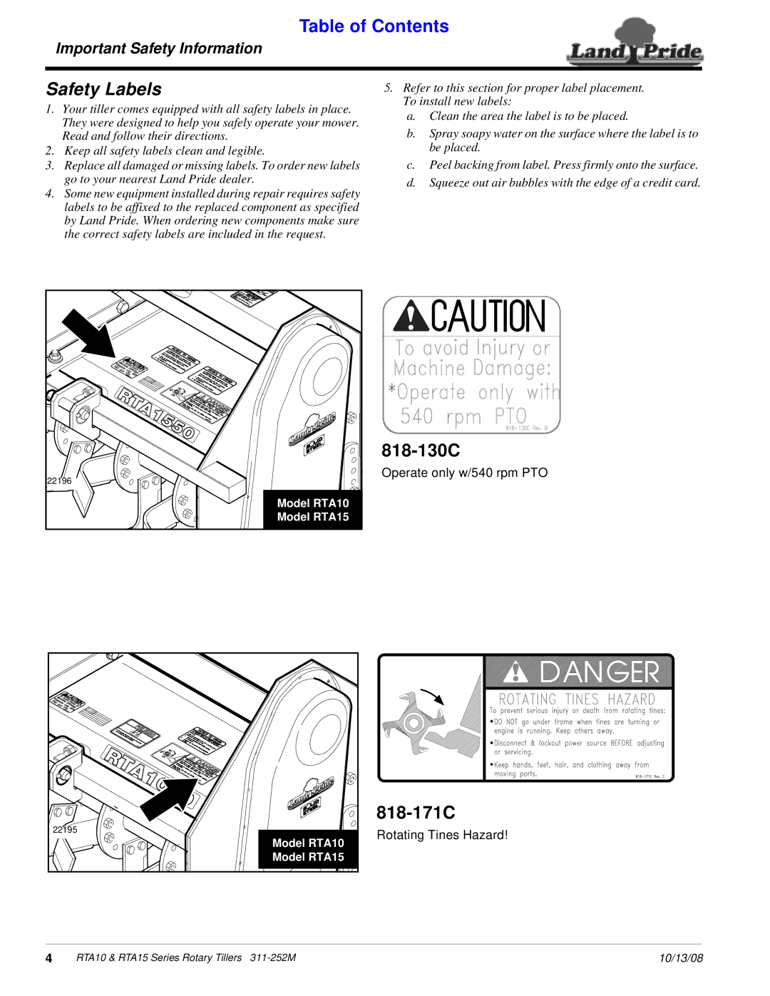 Land Pride 311-252M manual Safety Labels, 818-130C 