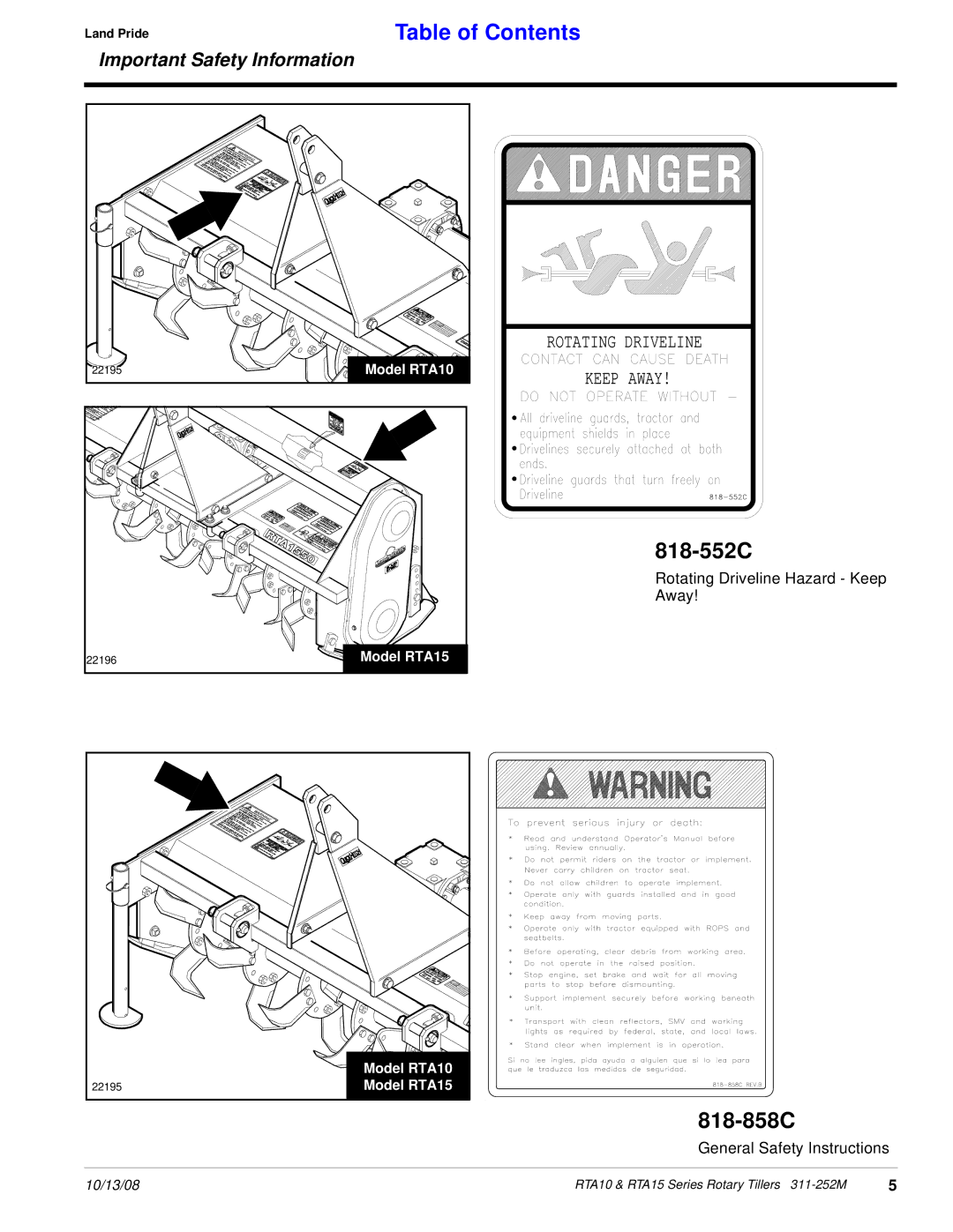 Land Pride 311-252M manual 818-552C, 818-858C 