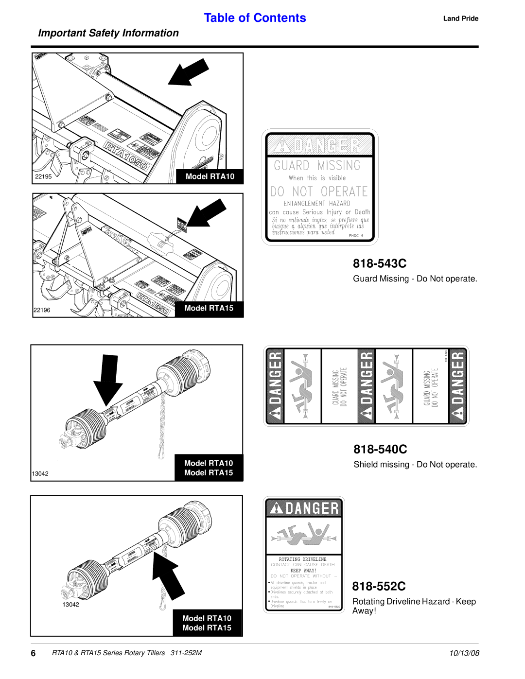 Land Pride 311-252M manual 818-543C, 818-552C 