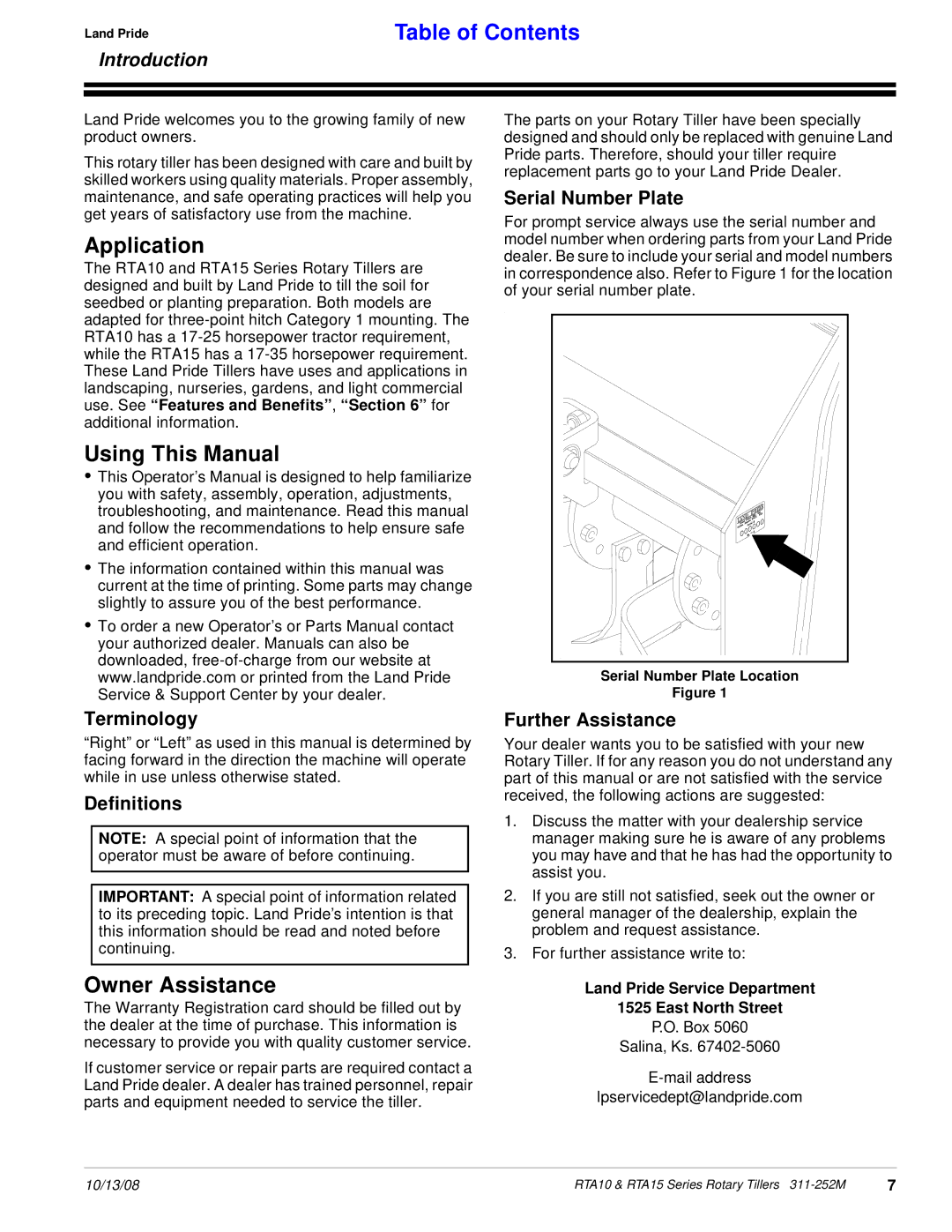 Land Pride 311-252M manual Application, Using This Manual, Owner Assistance, Introduction 