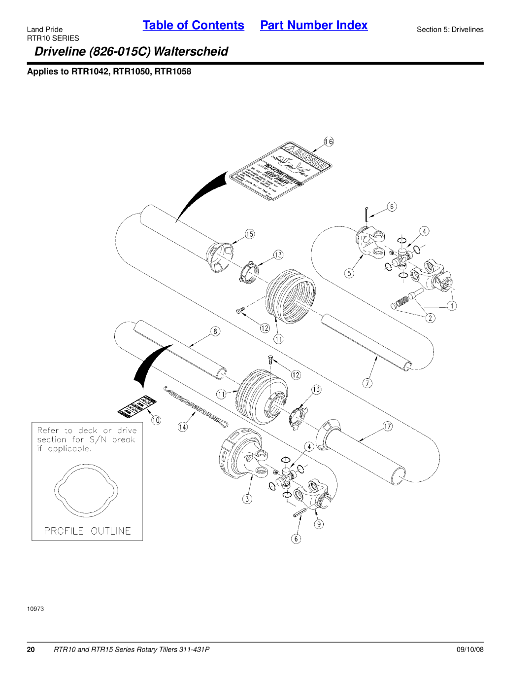 Land Pride 311-431P manual Driveline 826-015C Walterscheid 