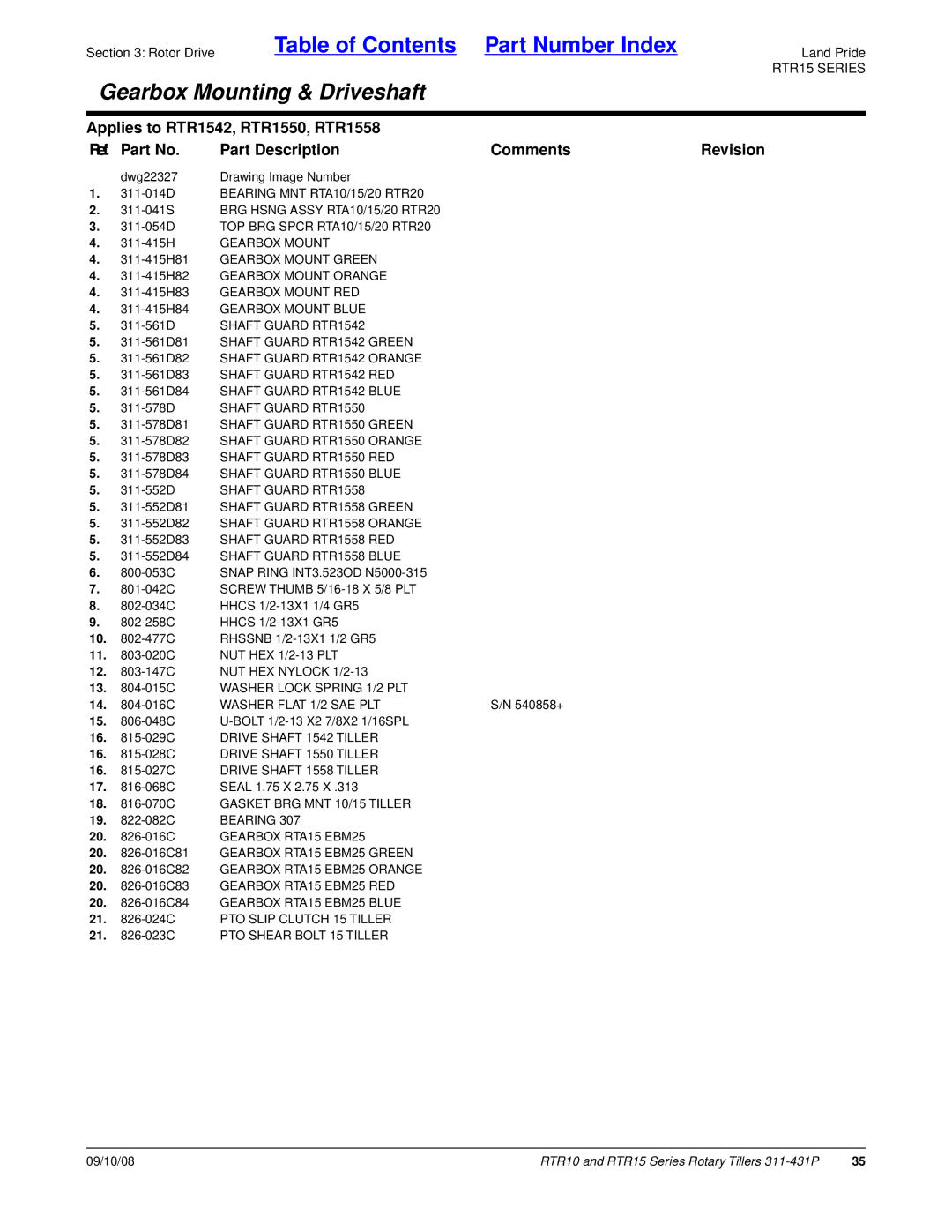 Land Pride 311-431P manual 13 -015C Washer Lock Spring 1/2 PLT, Washer Flat 1/2 SAE PLT 