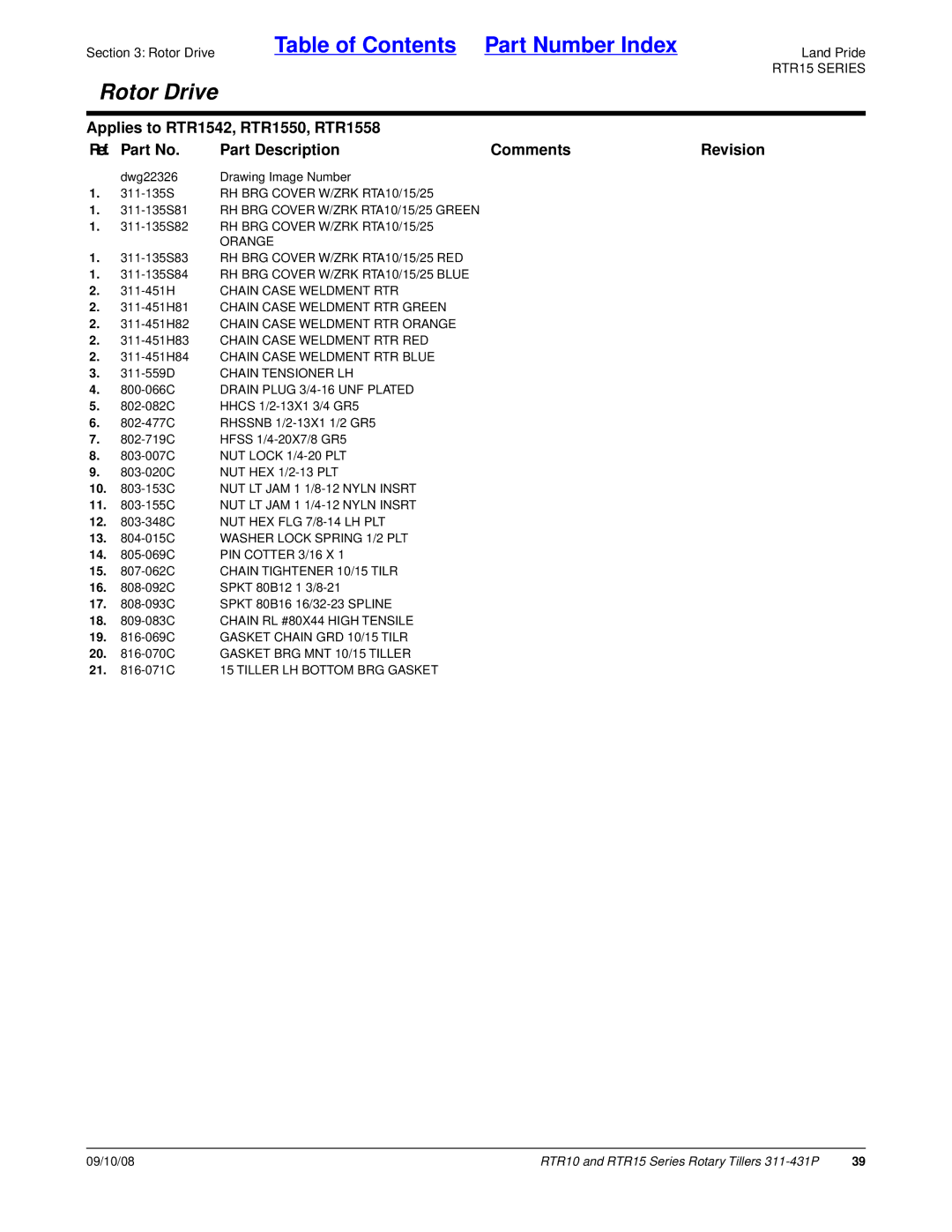 Land Pride 311-431P manual RH BRG Cover W/ZRK RTA10/15/25, 21 -071C 15 Tiller LH Bottom BRG Gasket 