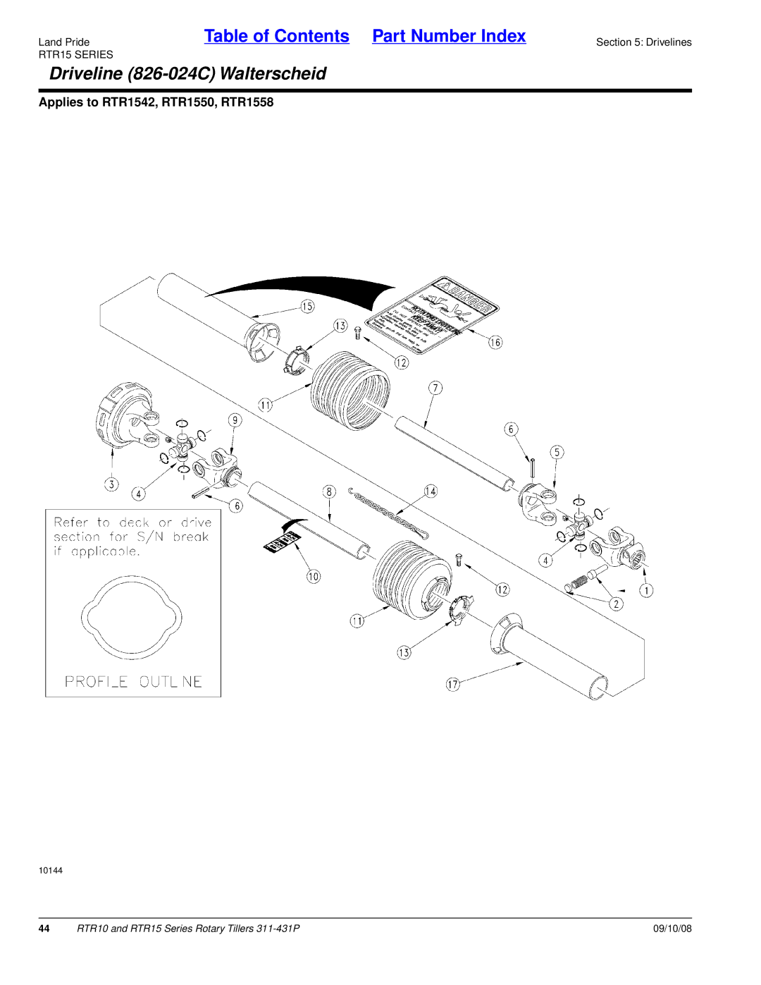 Land Pride 311-431P manual Driveline 826-024C Walterscheid 