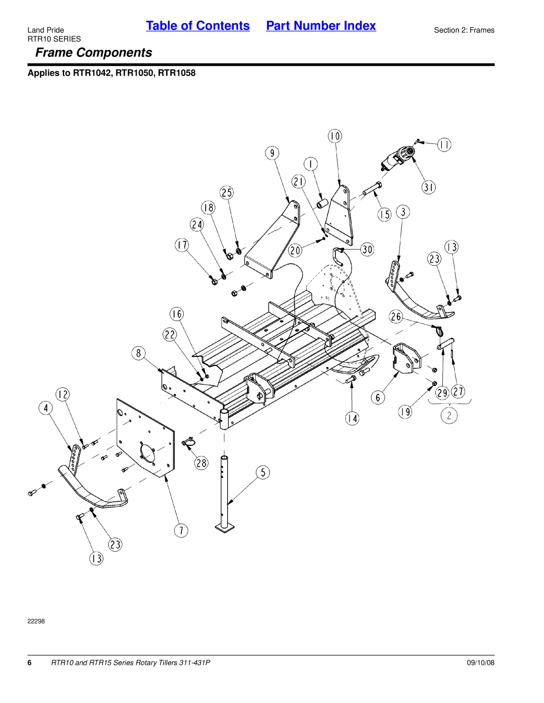 Land Pride 311-431P manual Frame Components, RTR10 Series 