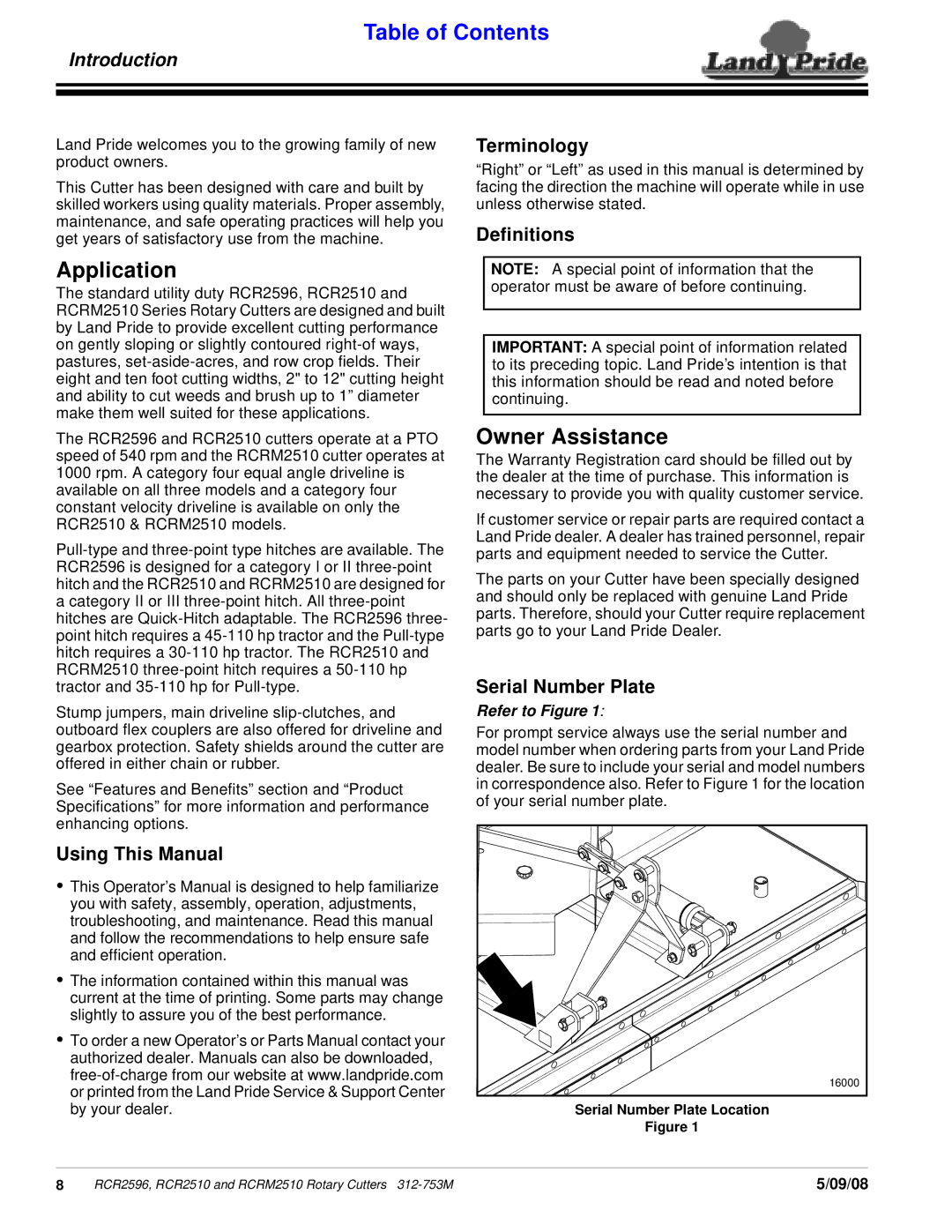 Land Pride RCRM2510, 312-753M, RCR2596, RCR2510 manual Application, Owner Assistance, Introduction 