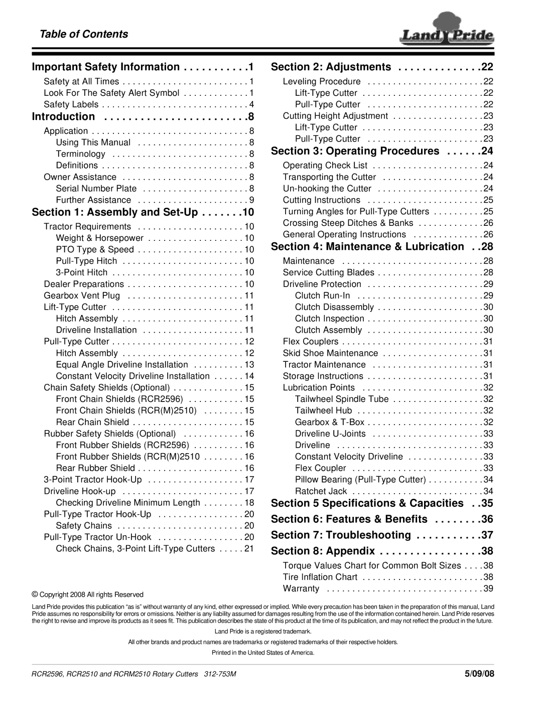 Land Pride RCRM2510, 312-753M, RCR2596, RCR2510 manual Table of Contents 