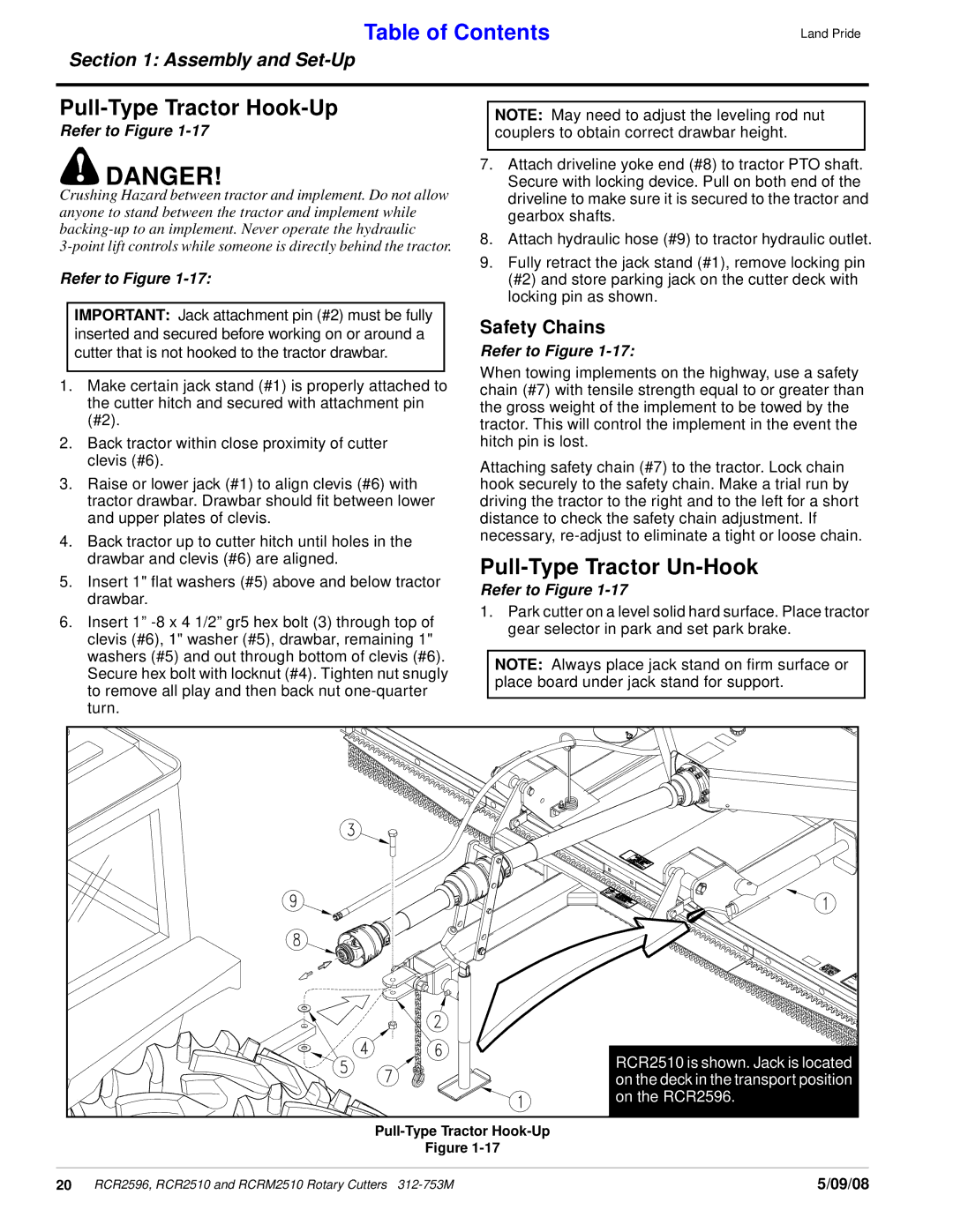 Land Pride RCRM2510, 312-753M, RCR2596, RCR2510 manual Pull-Type Tractor Hook-Up, Pull-Type Tractor Un-Hook, Safety Chains 