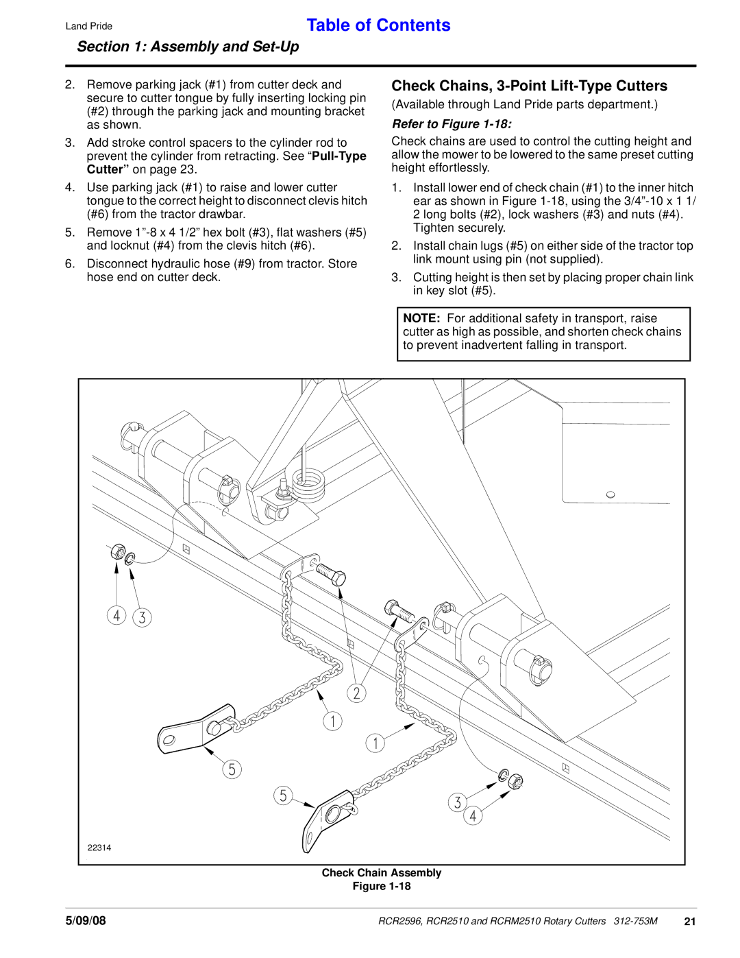 Land Pride RCR2510, 312-753M, RCR2596, RCRM2510 manual Check Chains, 3-Point Lift-Type Cutters, Check Chain Assembly 