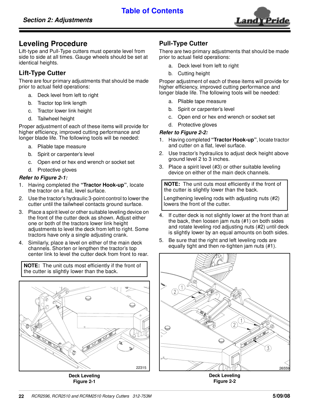 Land Pride 312-753M, RCR2596, RCRM2510 Leveling Procedure, Adjustments, Lift-Type Cutter, Pull-Type Cutter, Deck Leveling 