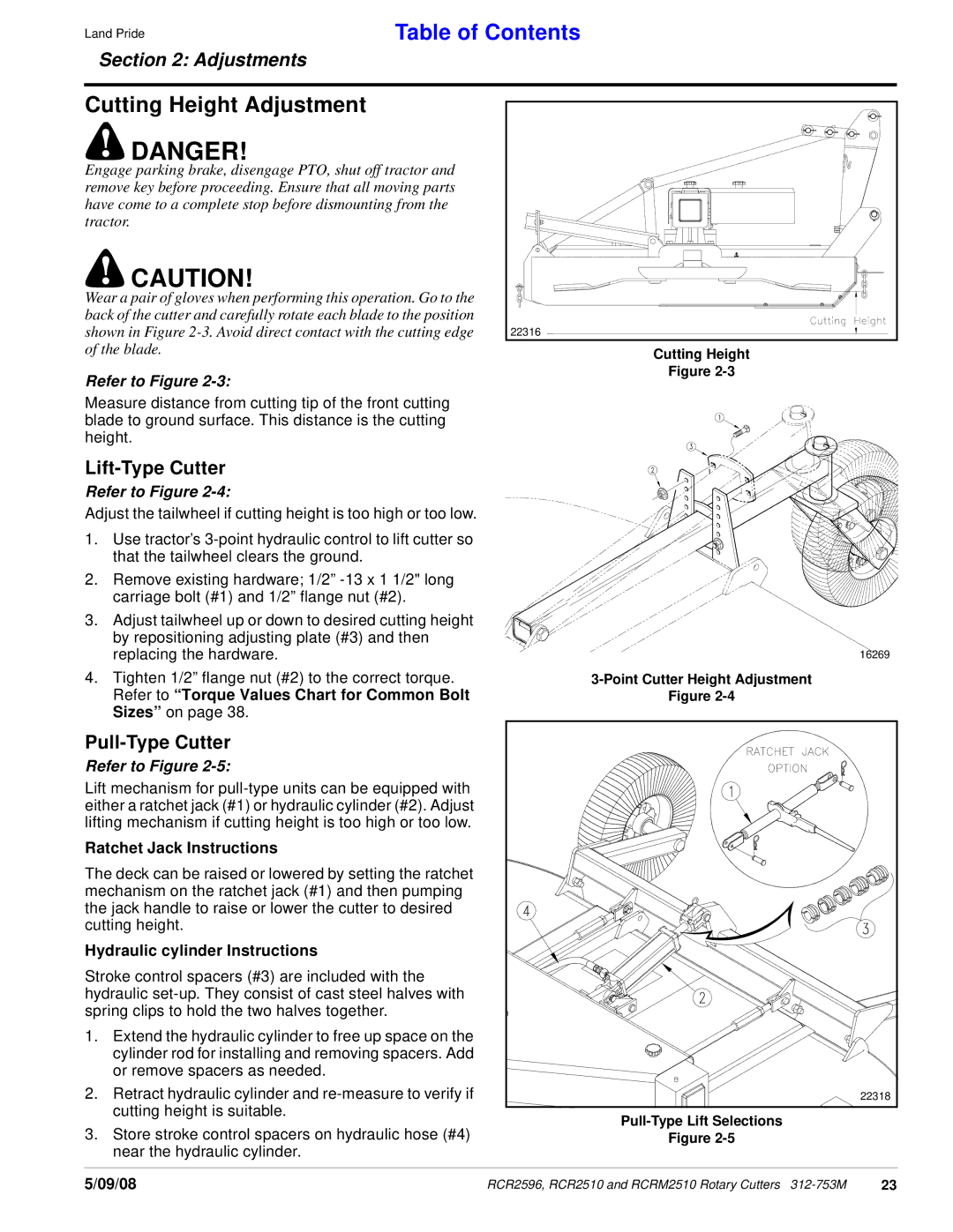 Land Pride RCR2596, 312-753M, RCRM2510 Cutting Height Adjustment, Point Cutter Height Adjustment, Pull-Type Lift Selections 