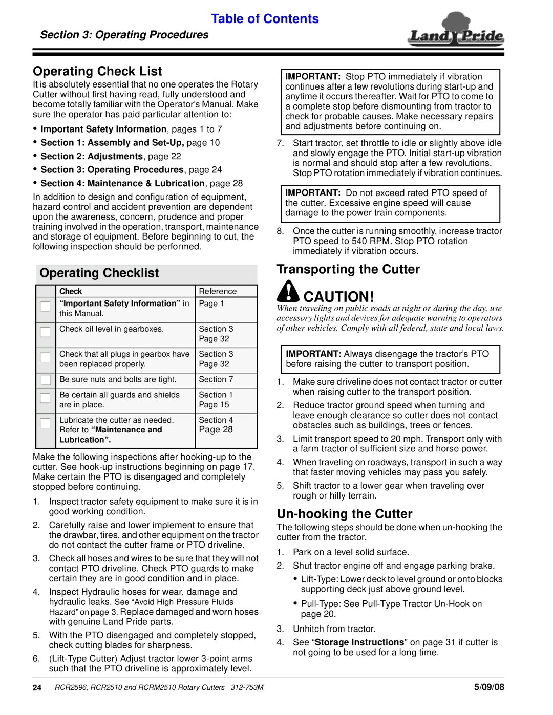 Land Pride RCRM2510, 312-753M Operating Check List, Operating Checklist, Transporting the Cutter, Un-hooking the Cutter 